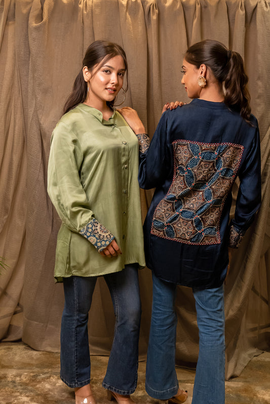 Modal Silk Ajrakh Patched Shirt