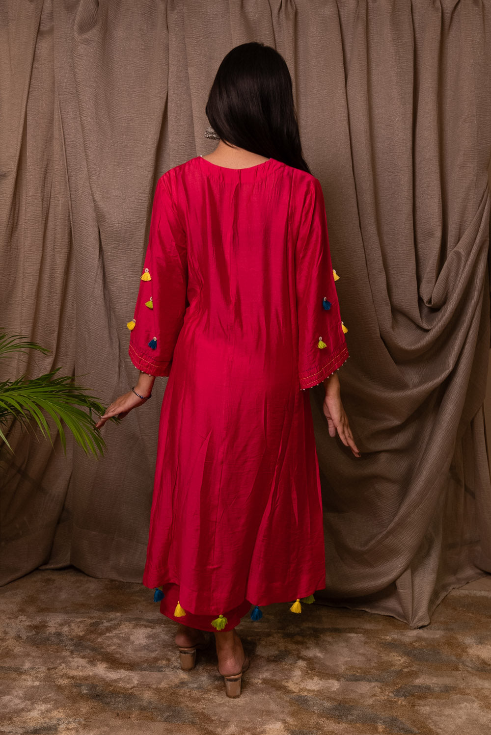 Pink Chanderi Embroidered Tassel Cape And Pant