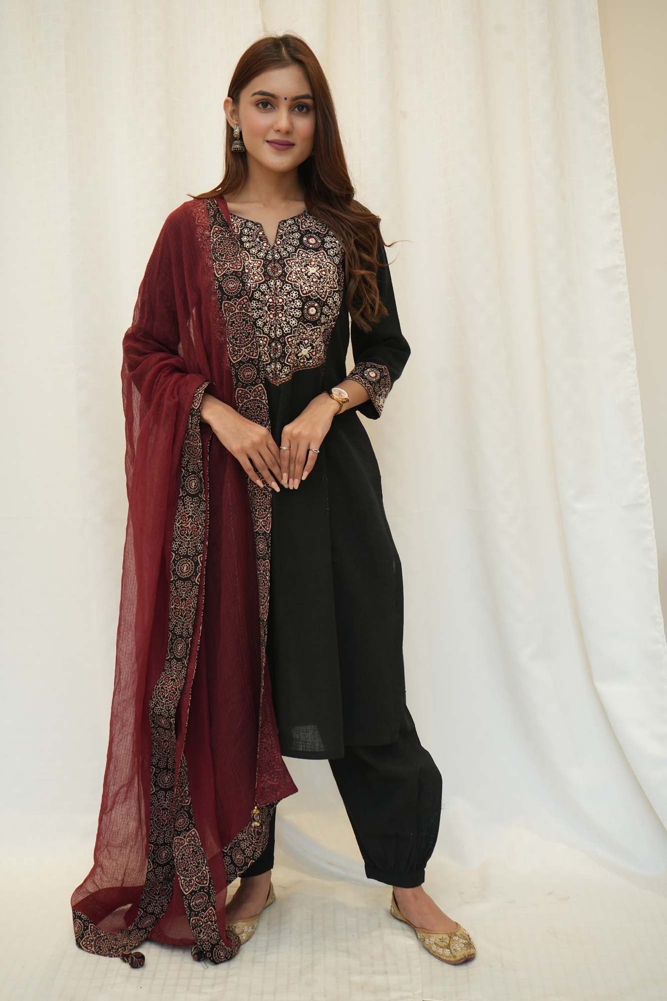 Black Cotton Ajrakh Patched Suitset