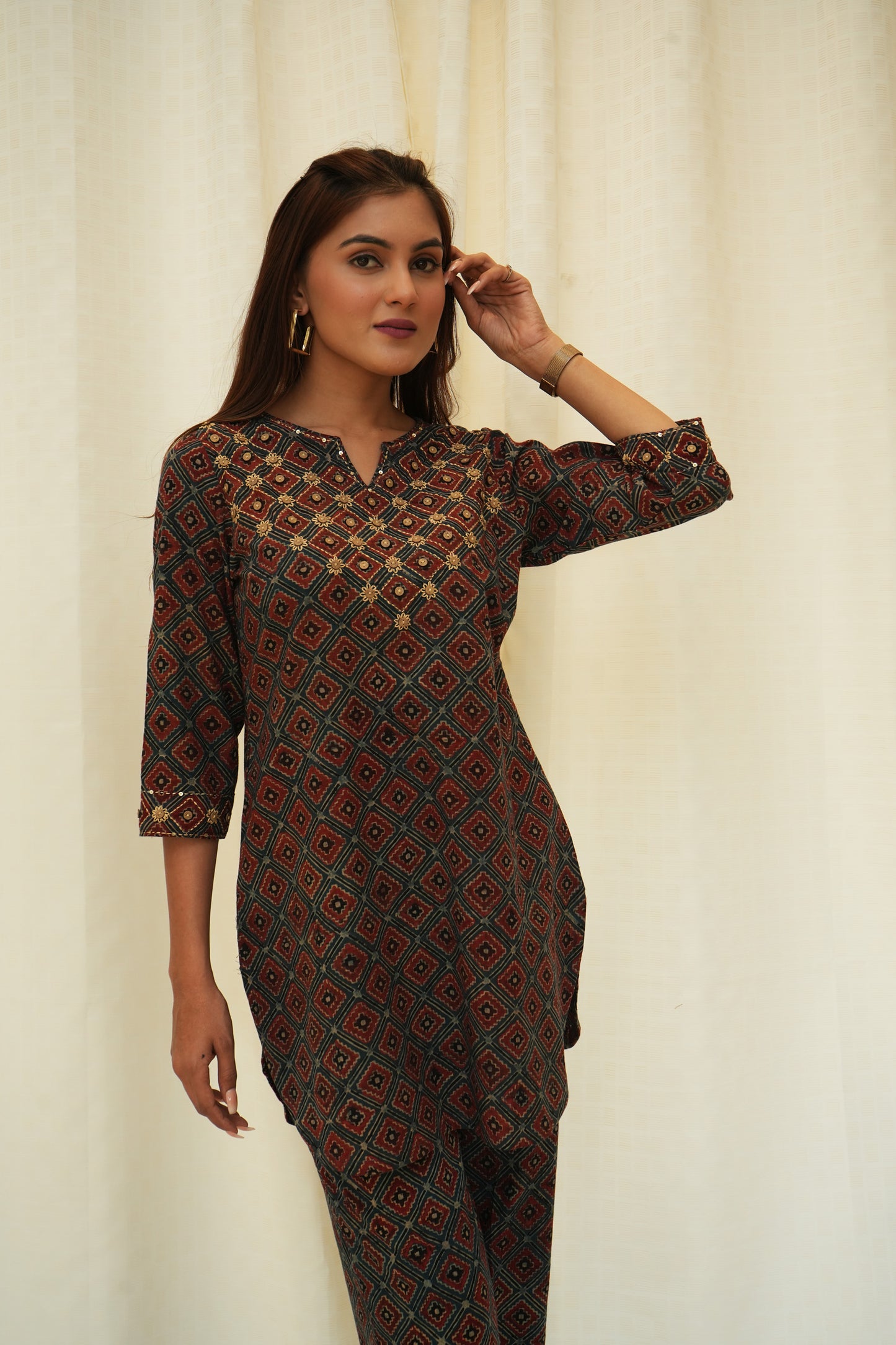 Blue red Ajrakh hand embroidered Kurti