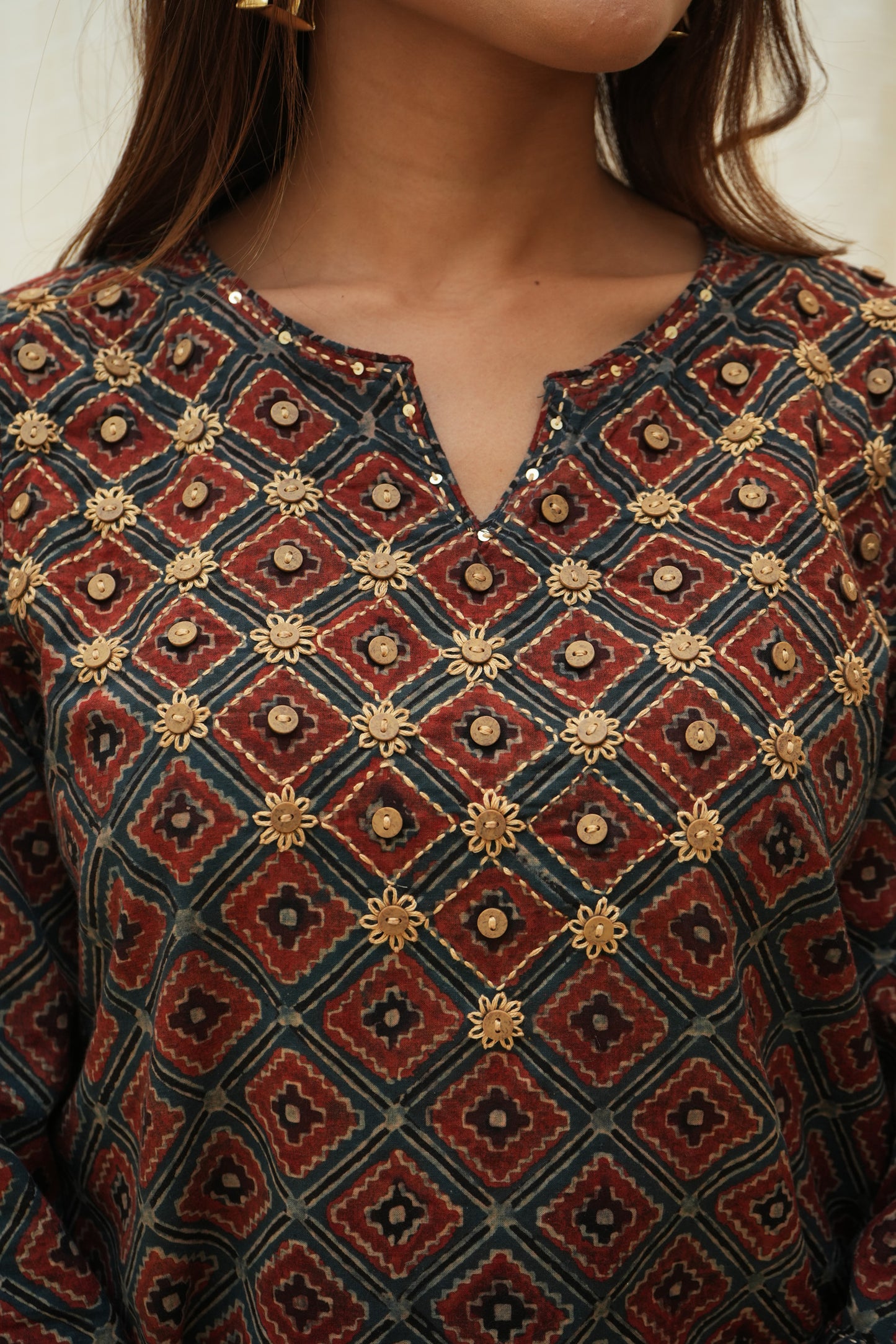 Blue red Ajrakh hand embroidered Kurti