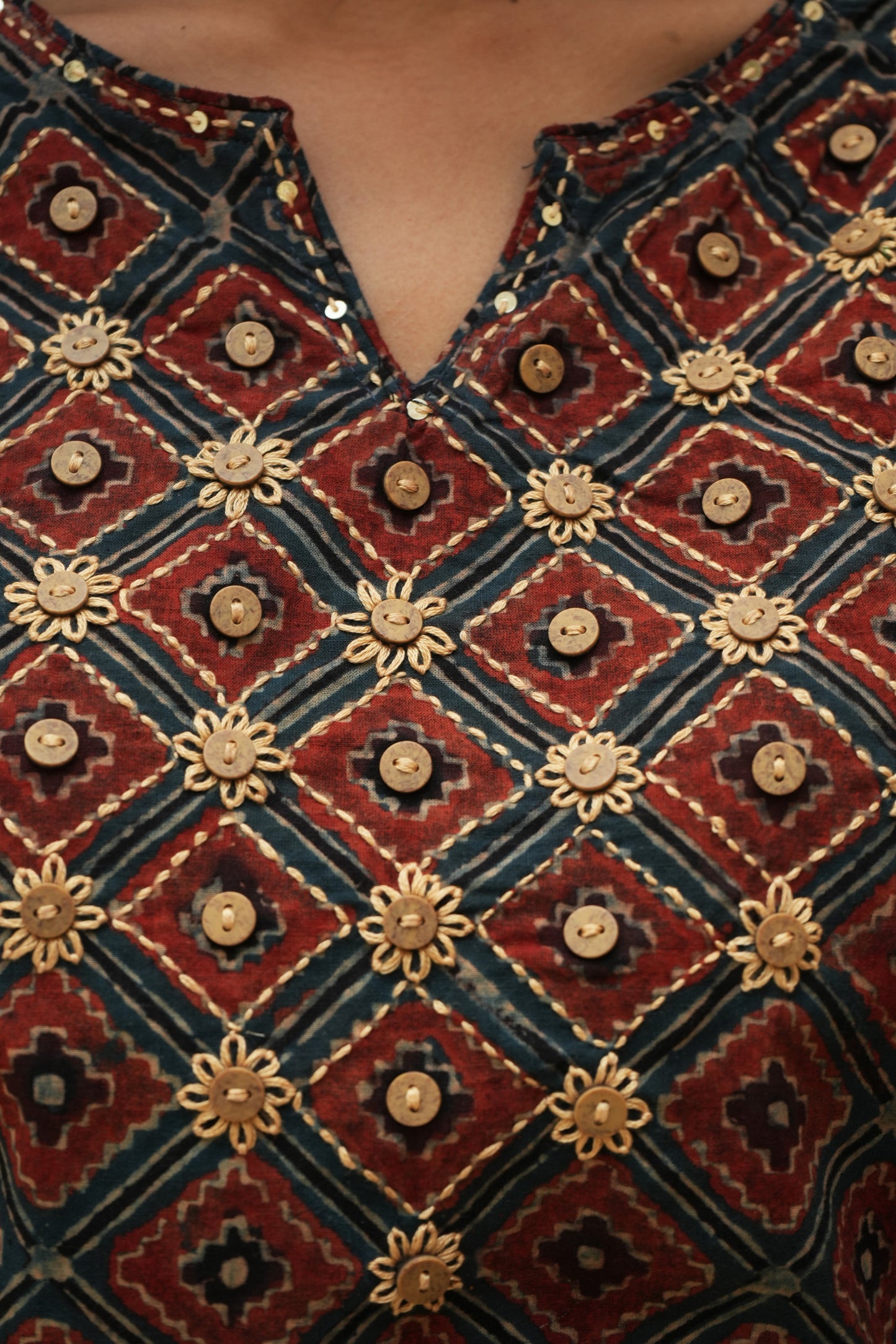 Blue red Ajrakh hand embroidered Kurti