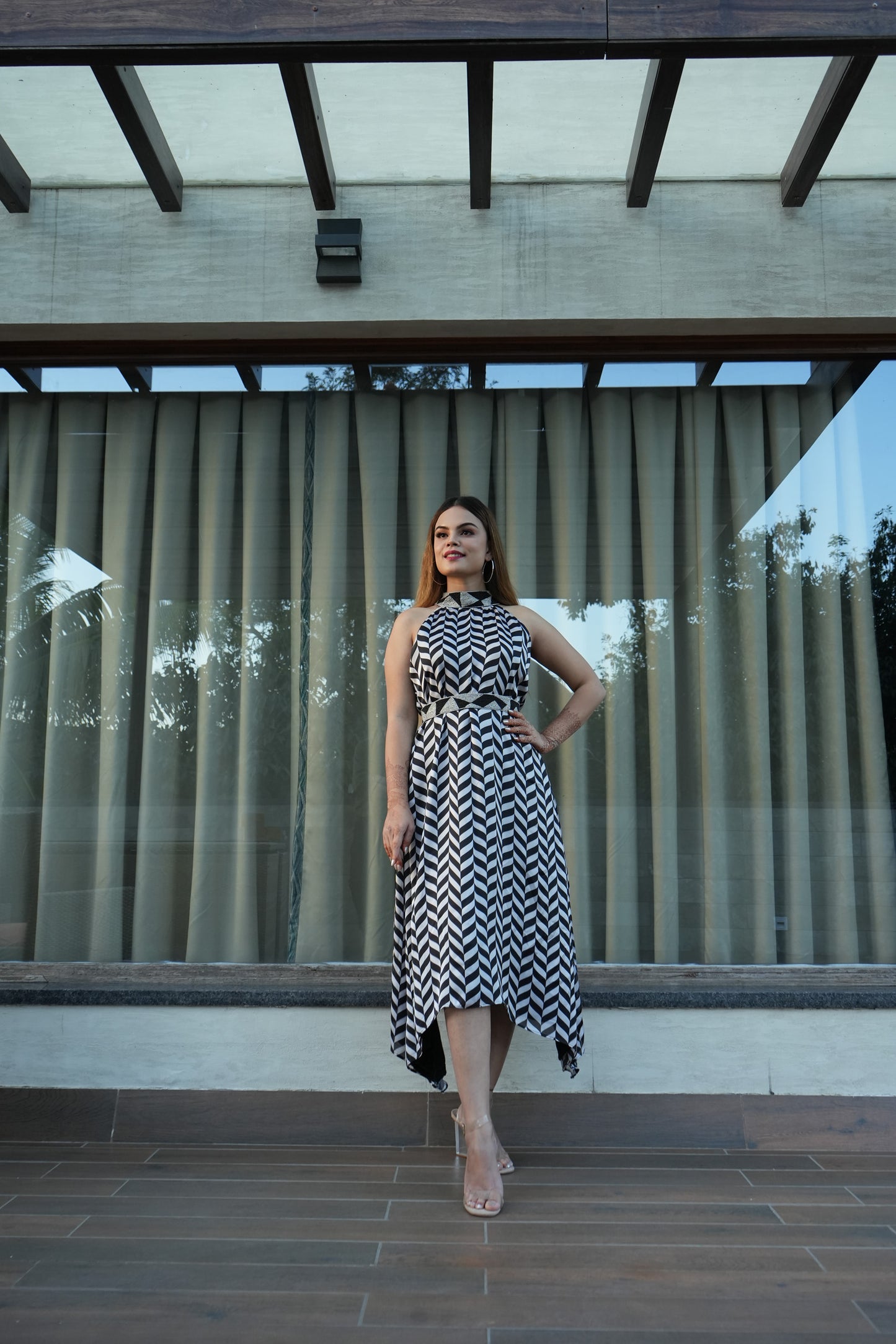 Black and White Zigzag Beaded Halter Neck Dress