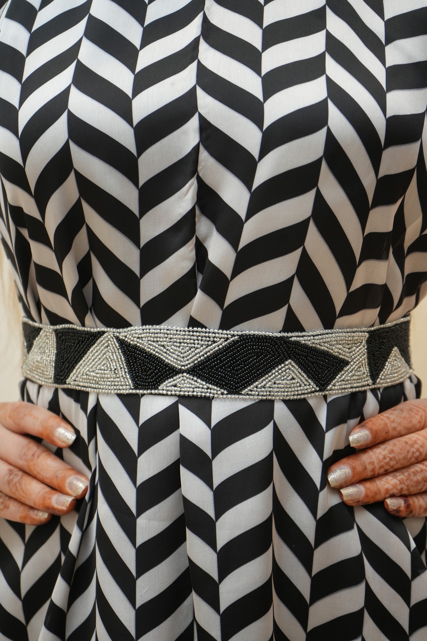 Black and White Zigzag Beaded Halter Neck Dress