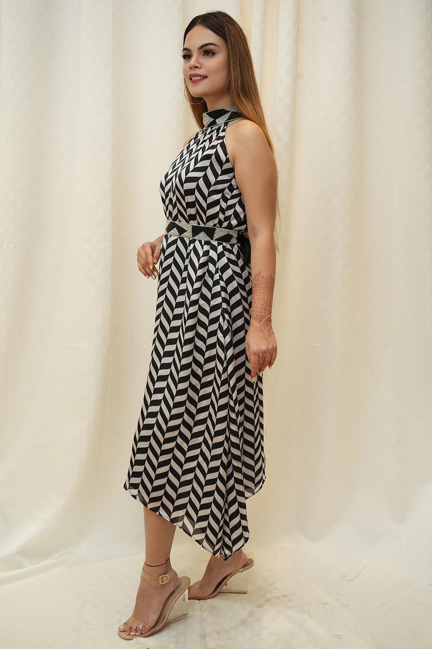 Black and White Zigzag Beaded Halter Neck Dress