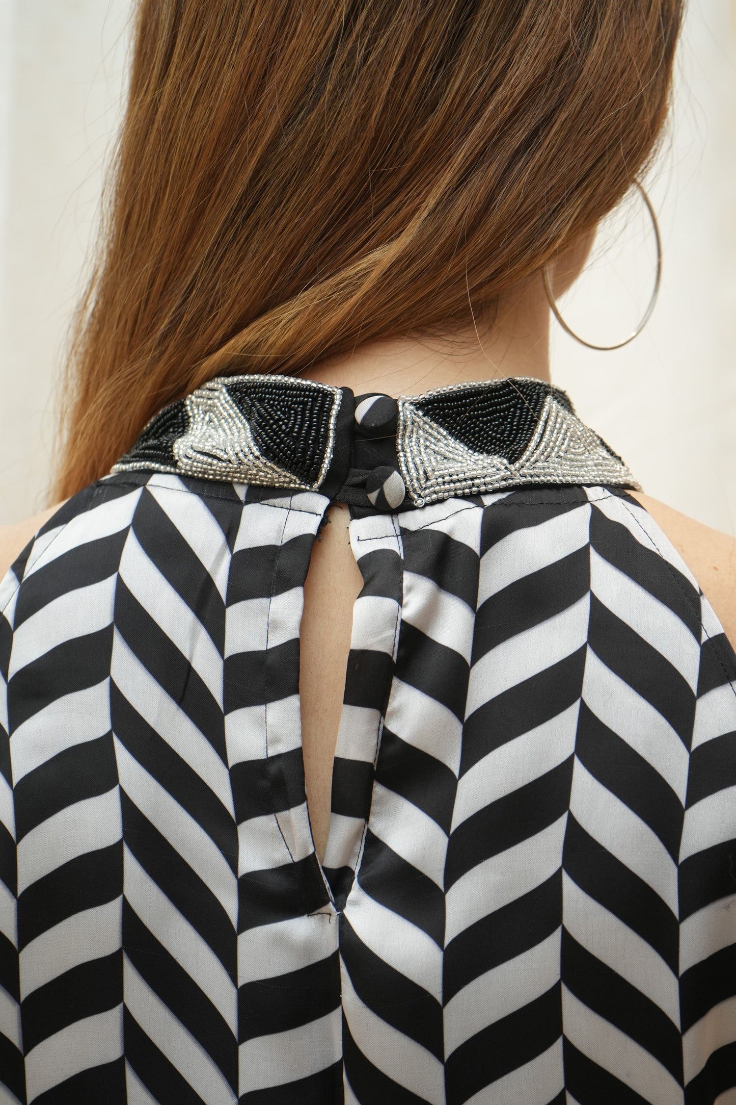 Black and White Zigzag Beaded Halter Neck Dress