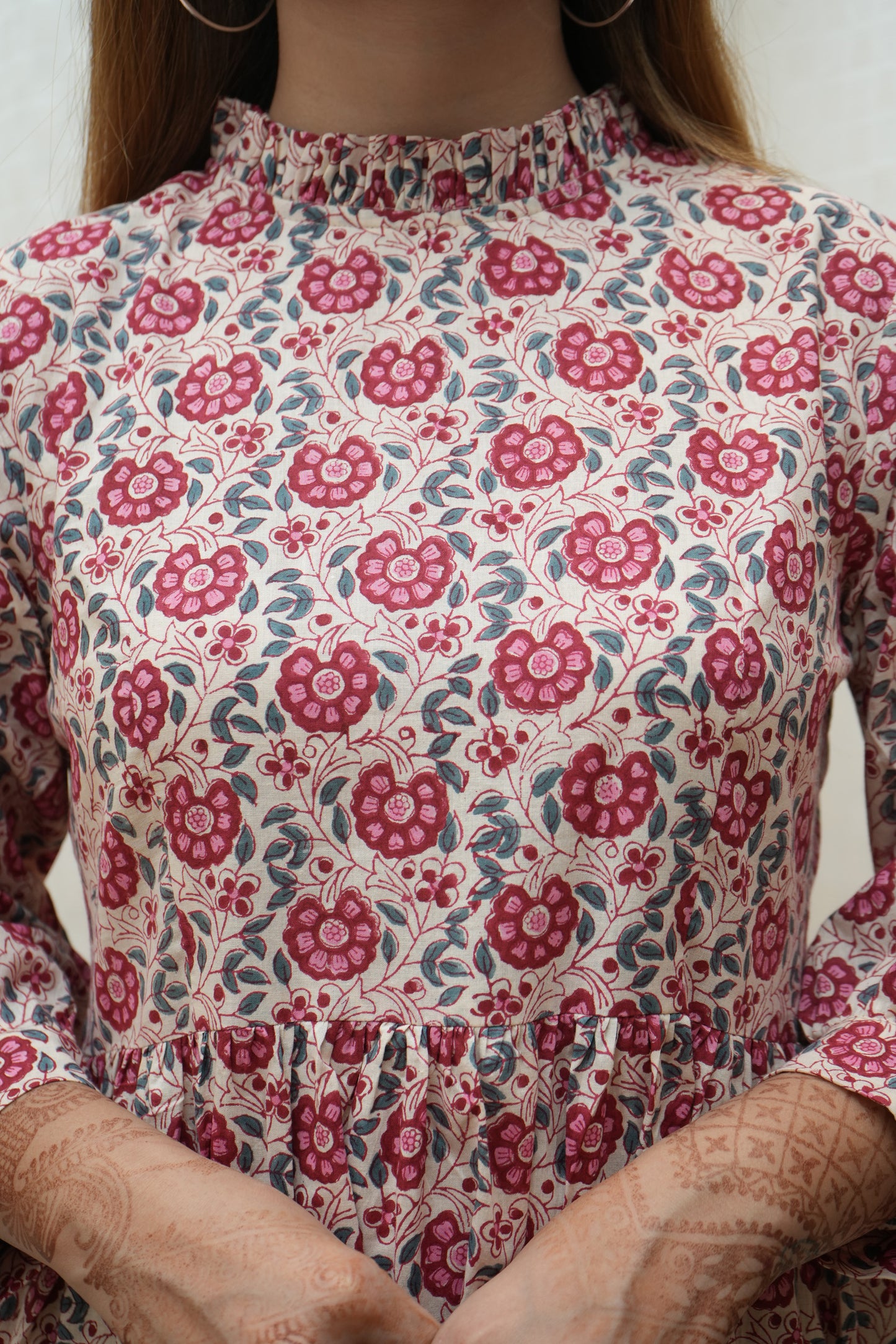 Beige Red floral highneck tier Dress