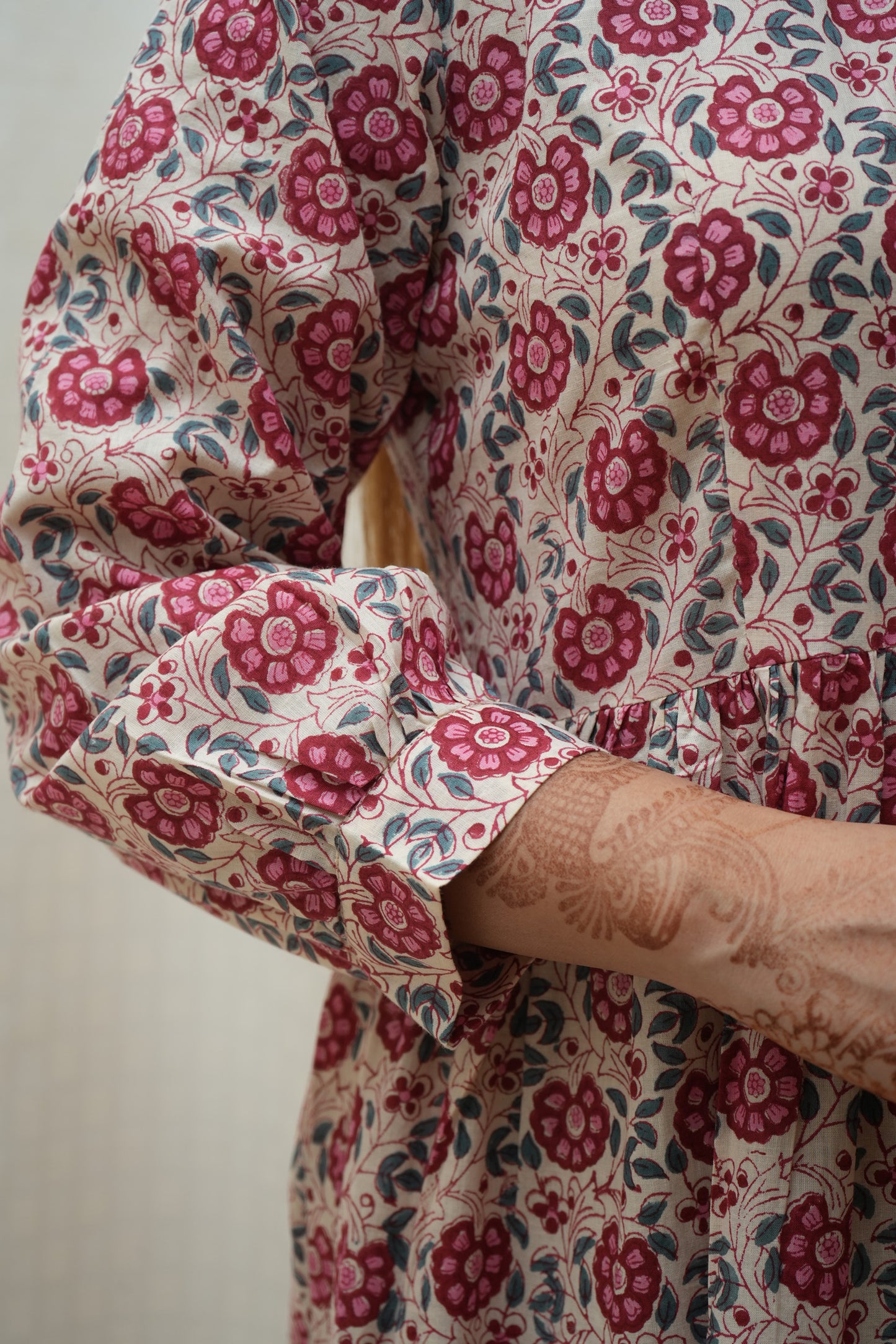 Beige Red floral highneck tier Dress