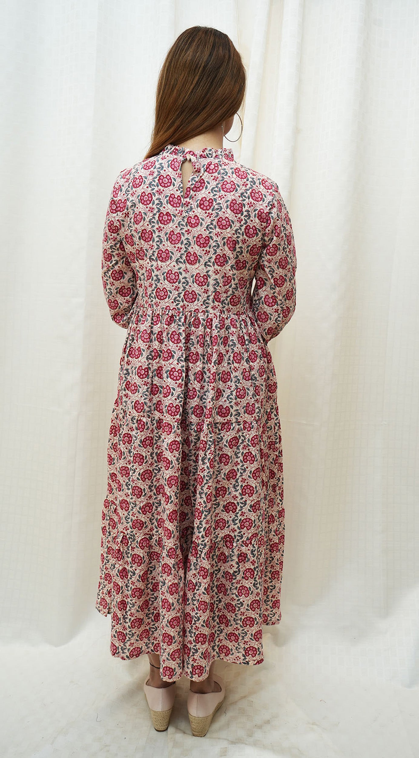 Beige Red floral highneck tier Dress