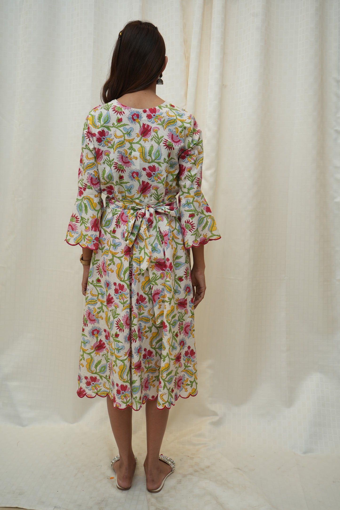White Multicolor Floral Scallop Dress
