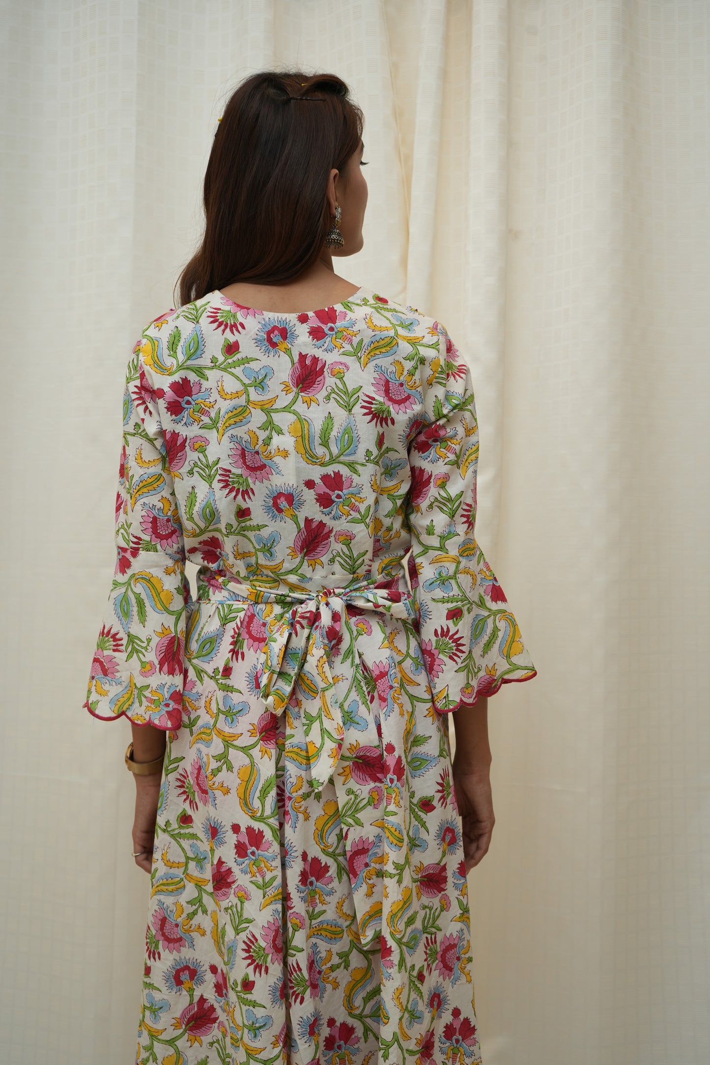 White Multicolor Floral Scallop Dress