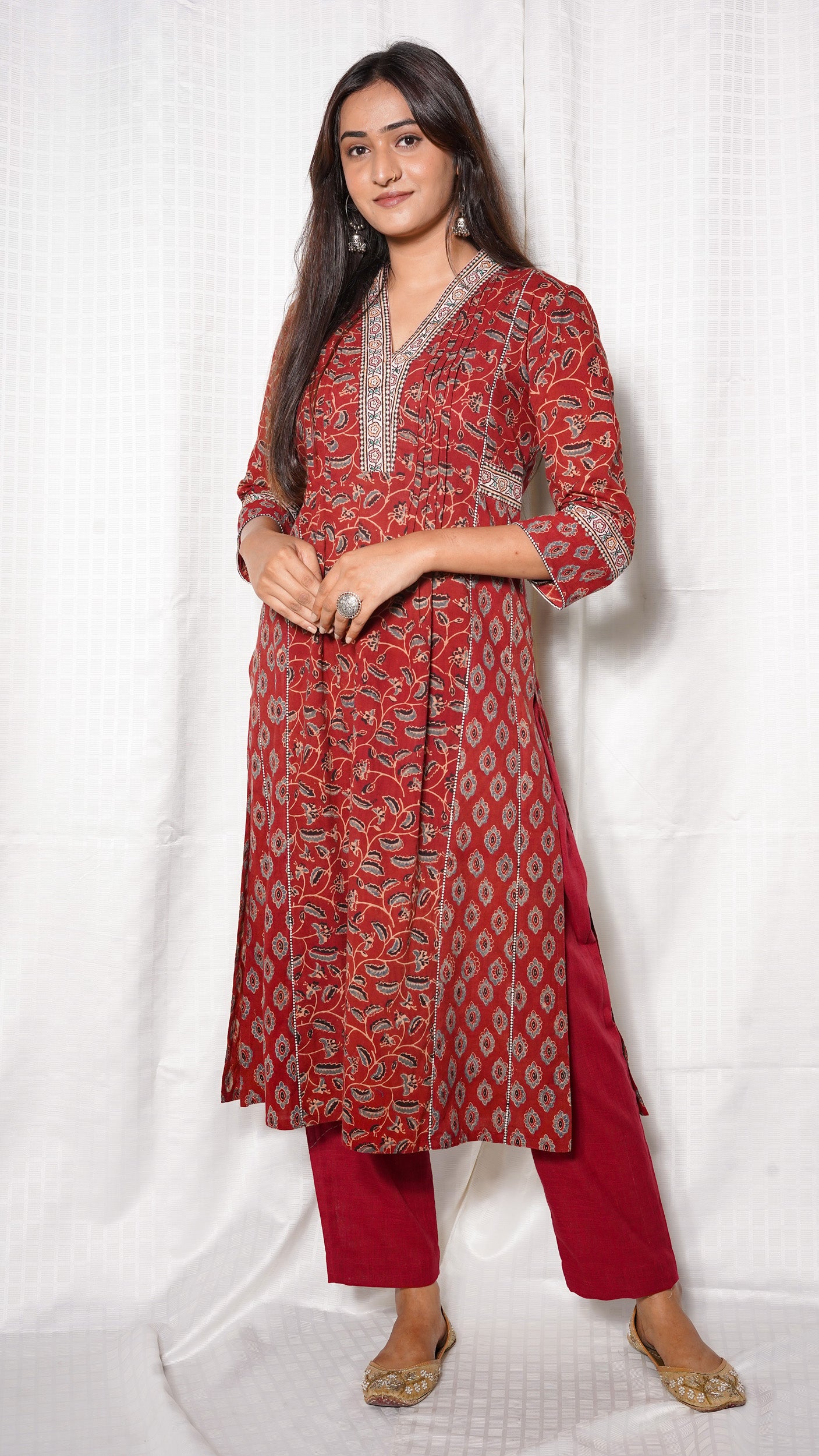 Red Ajrakh silk embroidered Kurta with Kota doria Dupatta