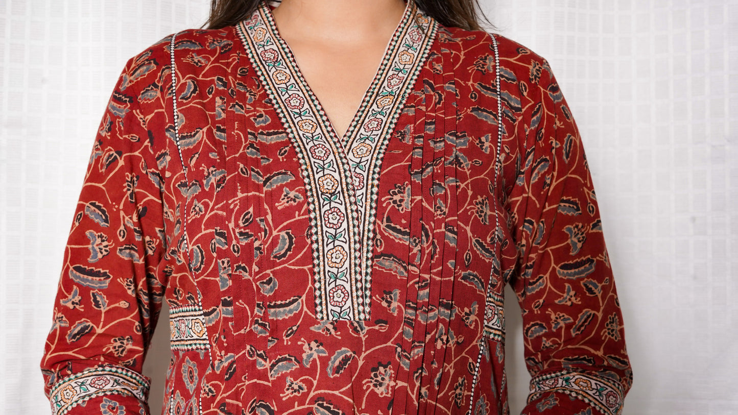 Red Ajrakh silk embroidered Kurta with Kota doria Dupatta