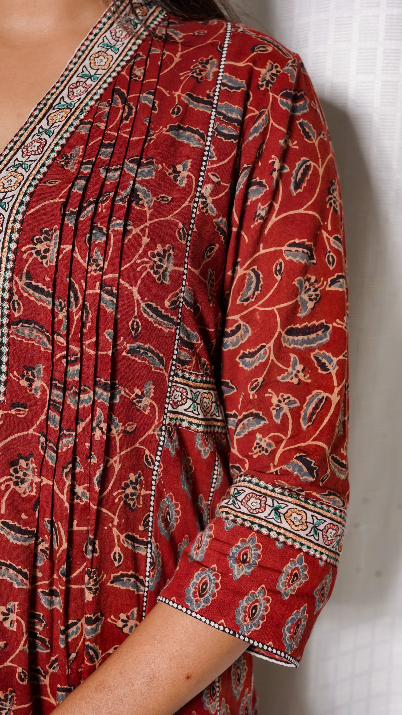 Red Ajrakh silk embroidered Kurta with Kota doria Dupatta