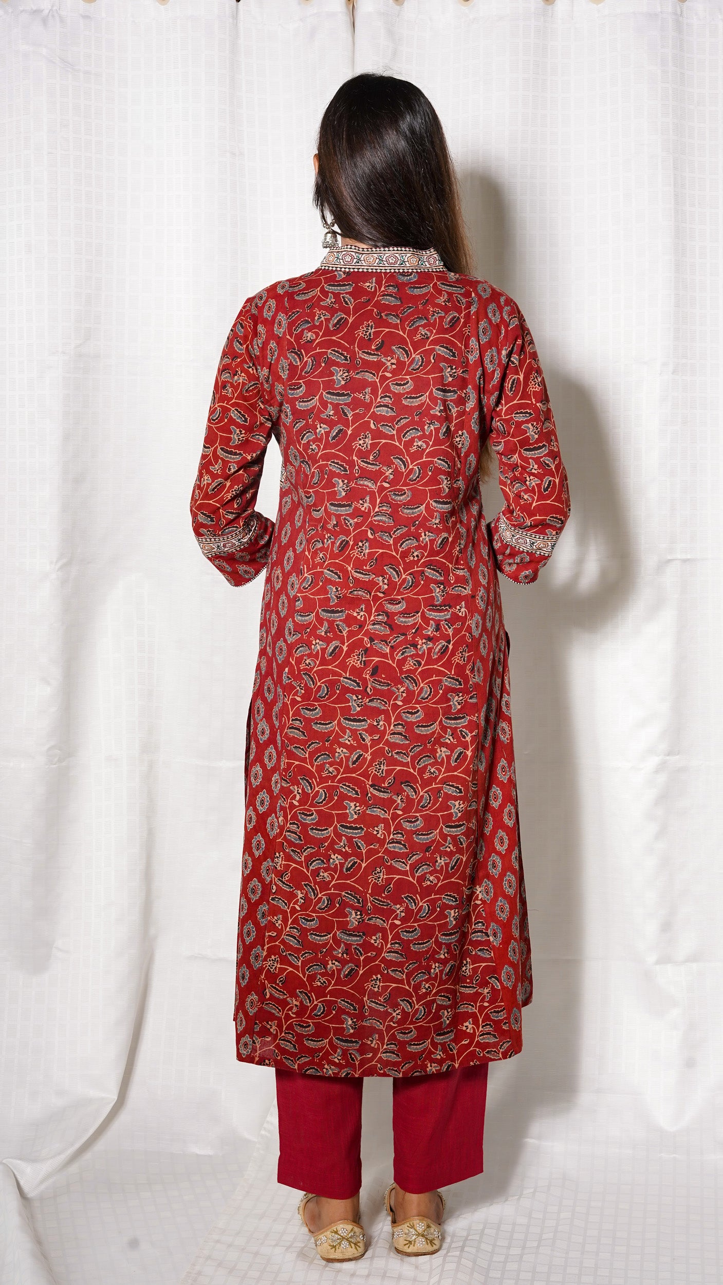 Red Ajrakh silk embroidered Kurta with Kota doria Dupatta