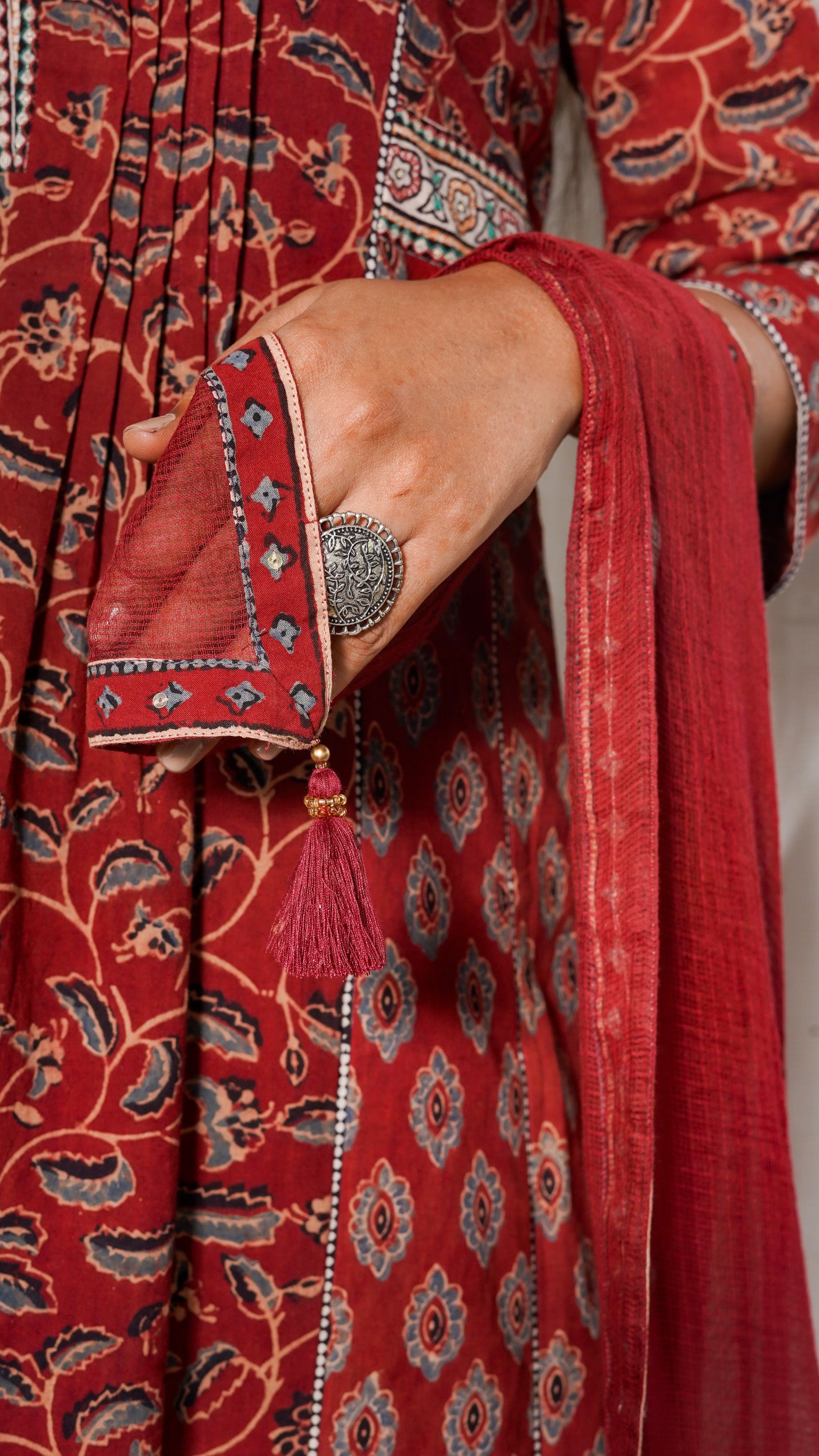 Red Ajrakh silk embroidered Kurta with Kota doria Dupatta