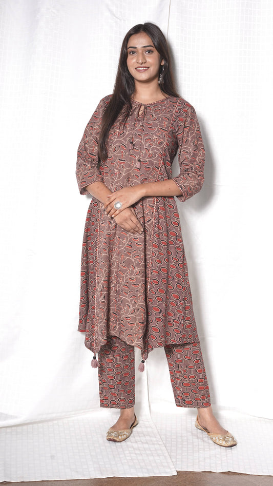 Brown Ajrakh Hand Block Printed Cotton Kurta with Pants - Set of 2