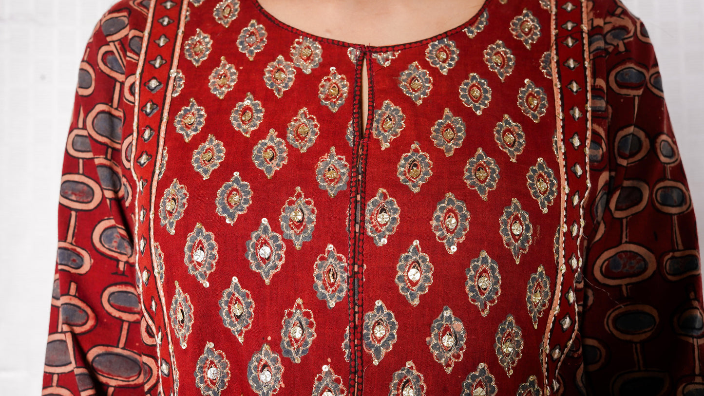 Red ajrakh yoke sequence embellished suit set