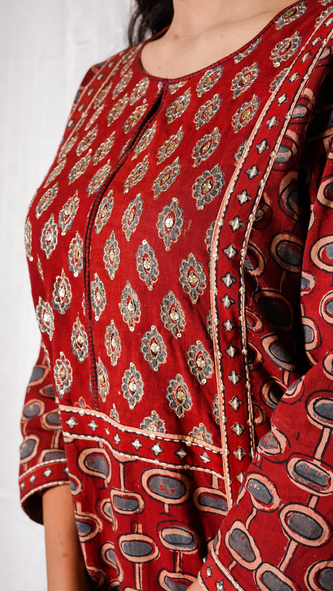 Red ajrakh yoke sequence embellished suit set
