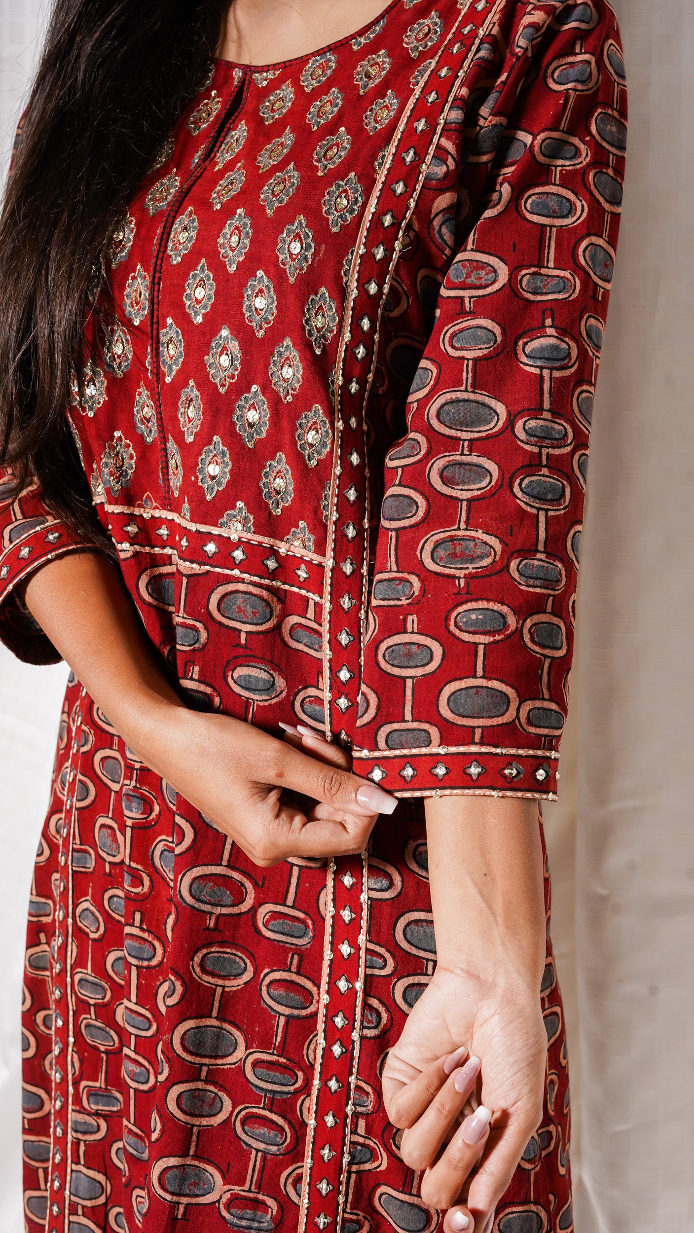 Red ajrakh yoke sequence embellished suit set