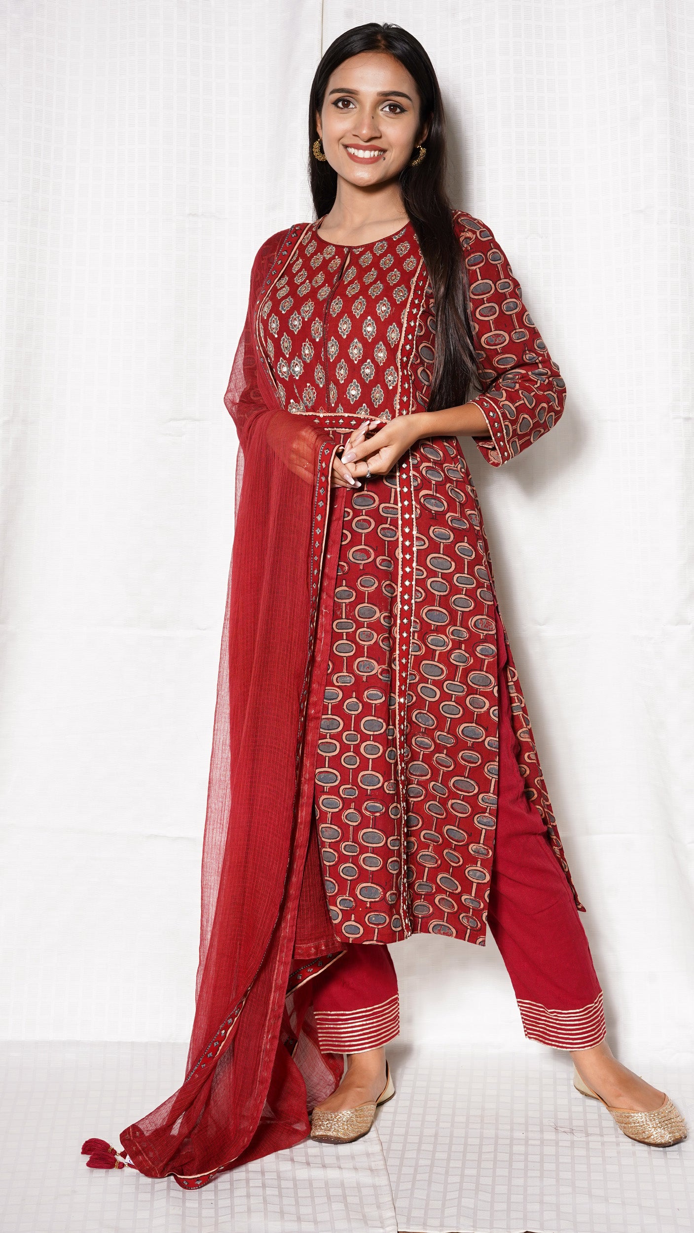 Red ajrakh yoke sequence embellished suit set