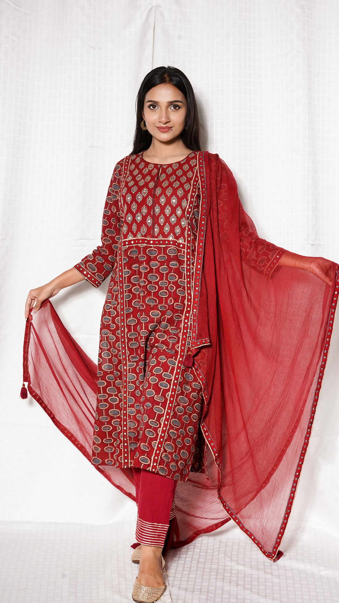 Red ajrakh yoke sequence embellished suit set