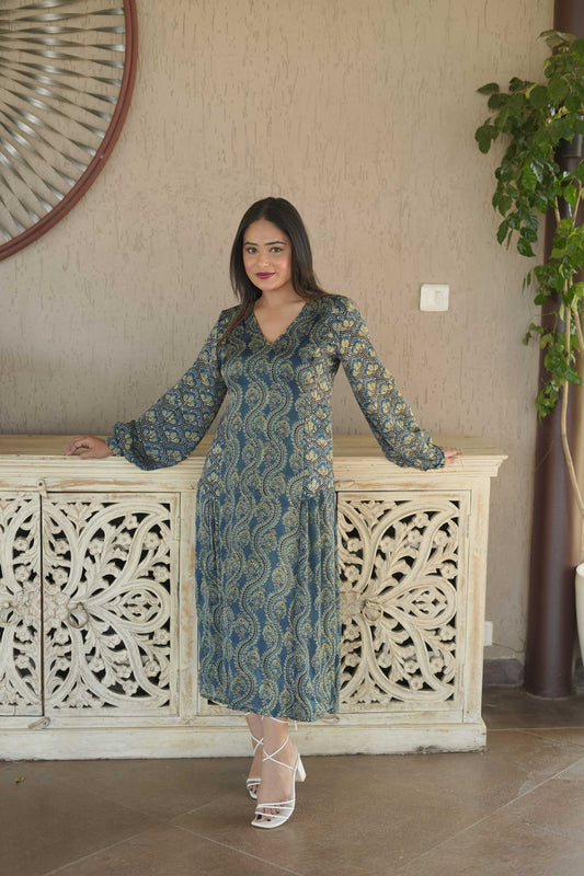 V neck shoulder Pleated Blue Green modal dress
