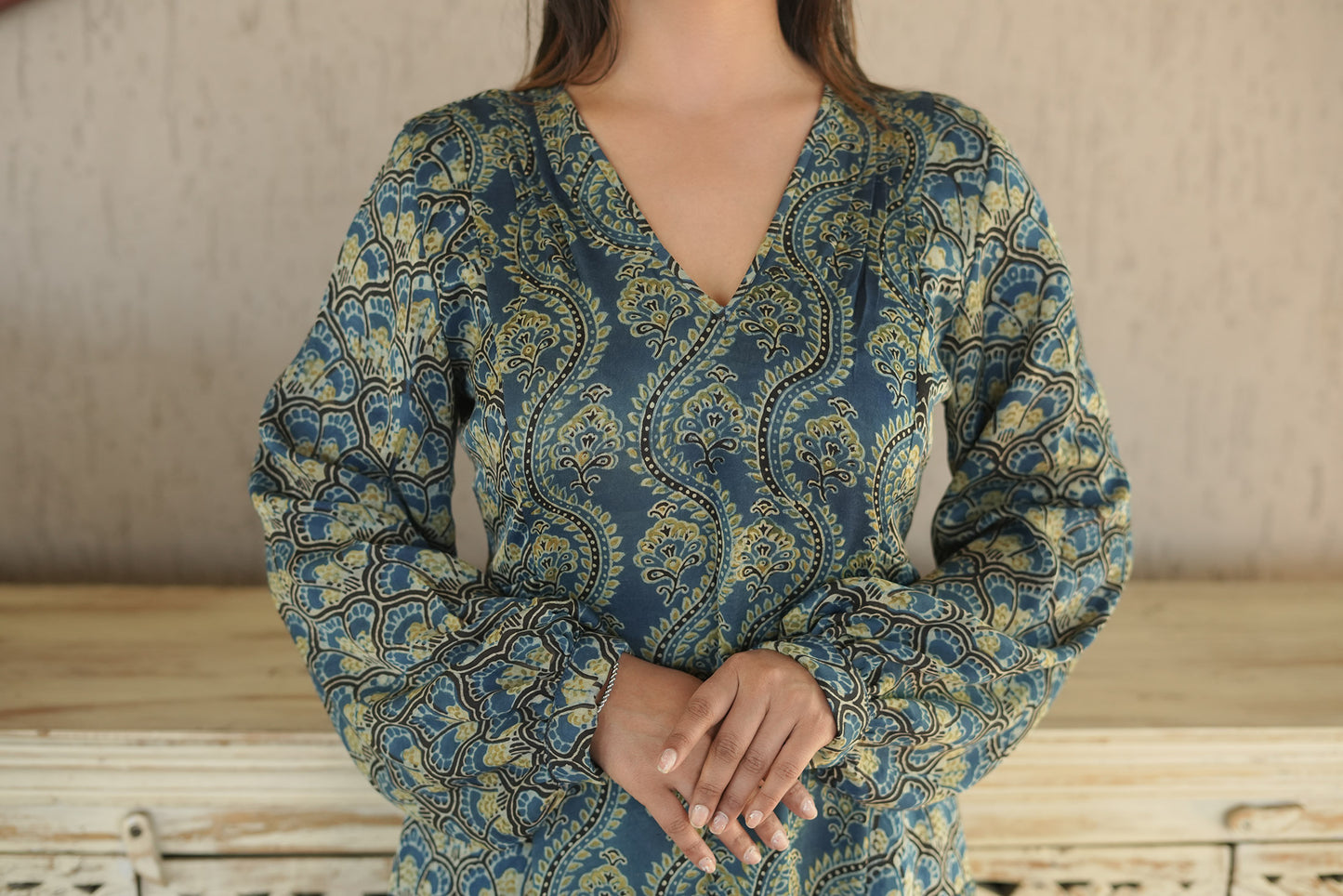 V neck shoulder Pleated Blue Green modal dress