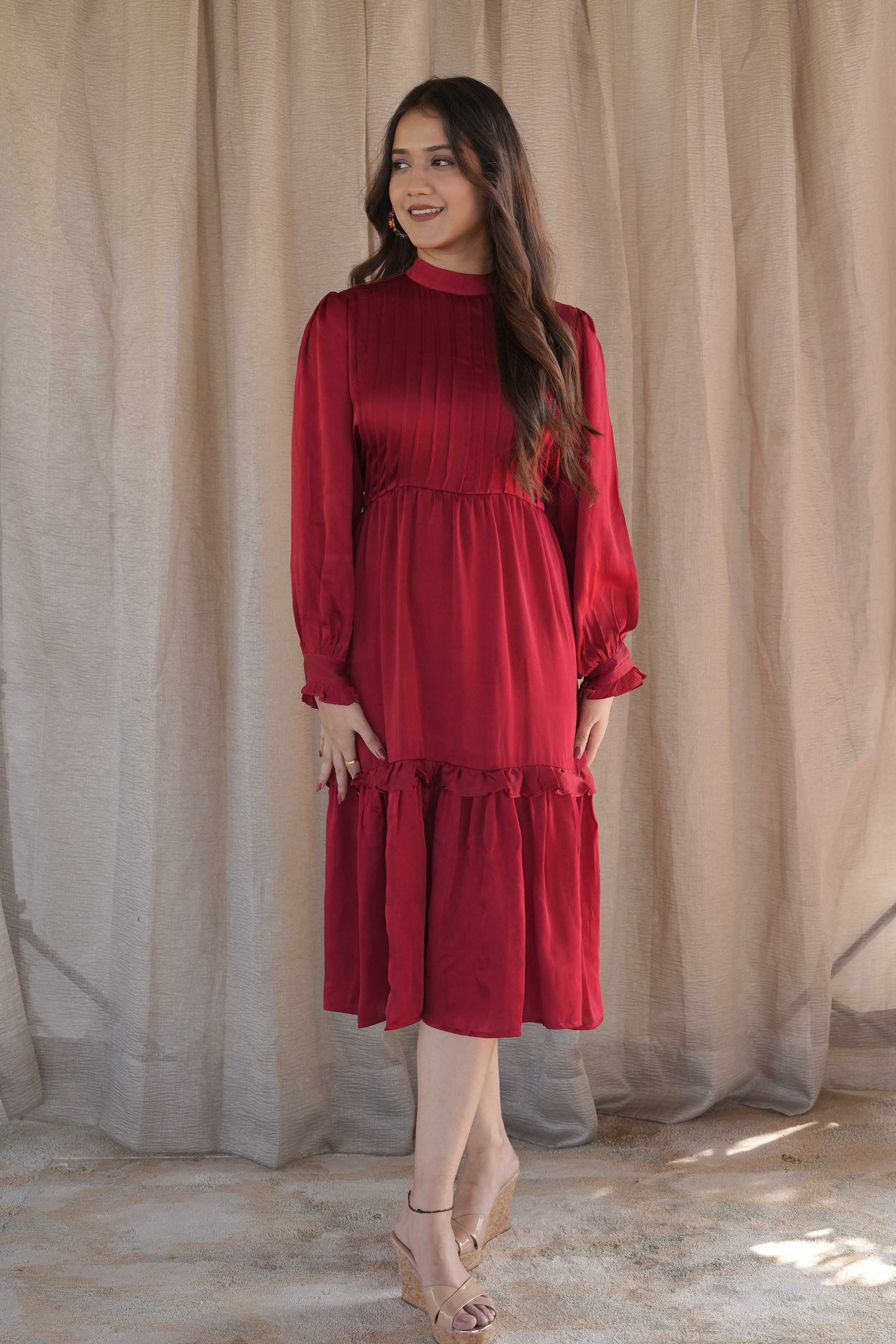 Solid Red Modal Silk High Neck Dress