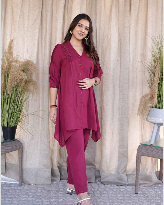Maroon Cotton Slub Pleated Co-ord Set