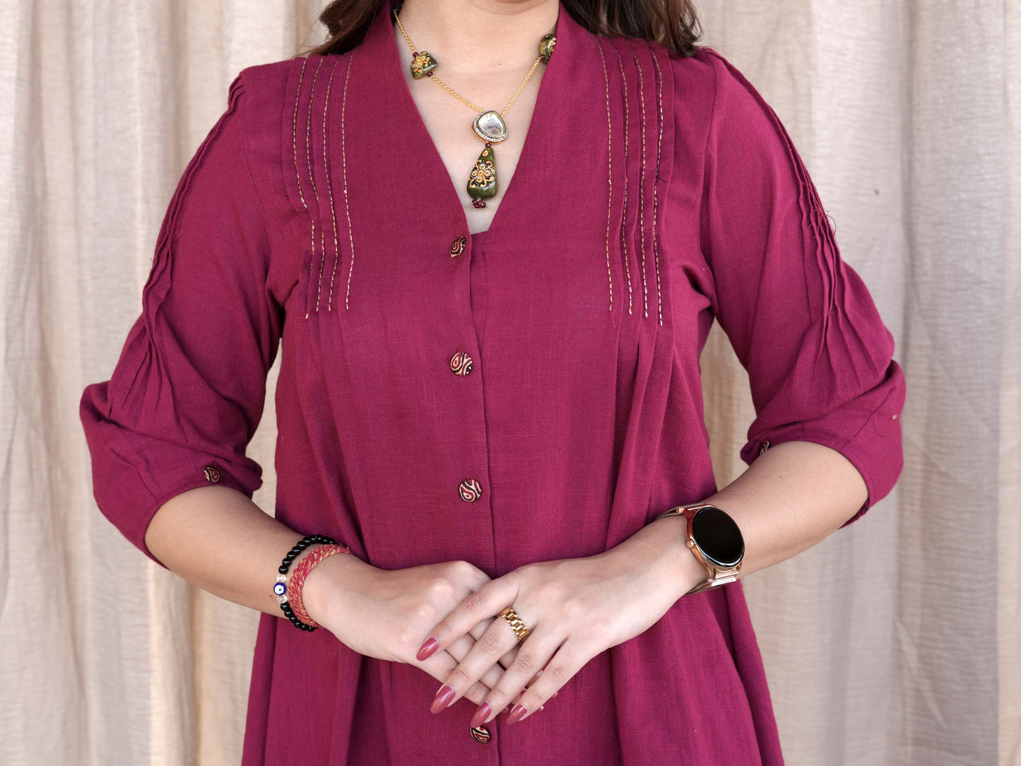 Maroon Cotton Slub Pleated Co-ord Set