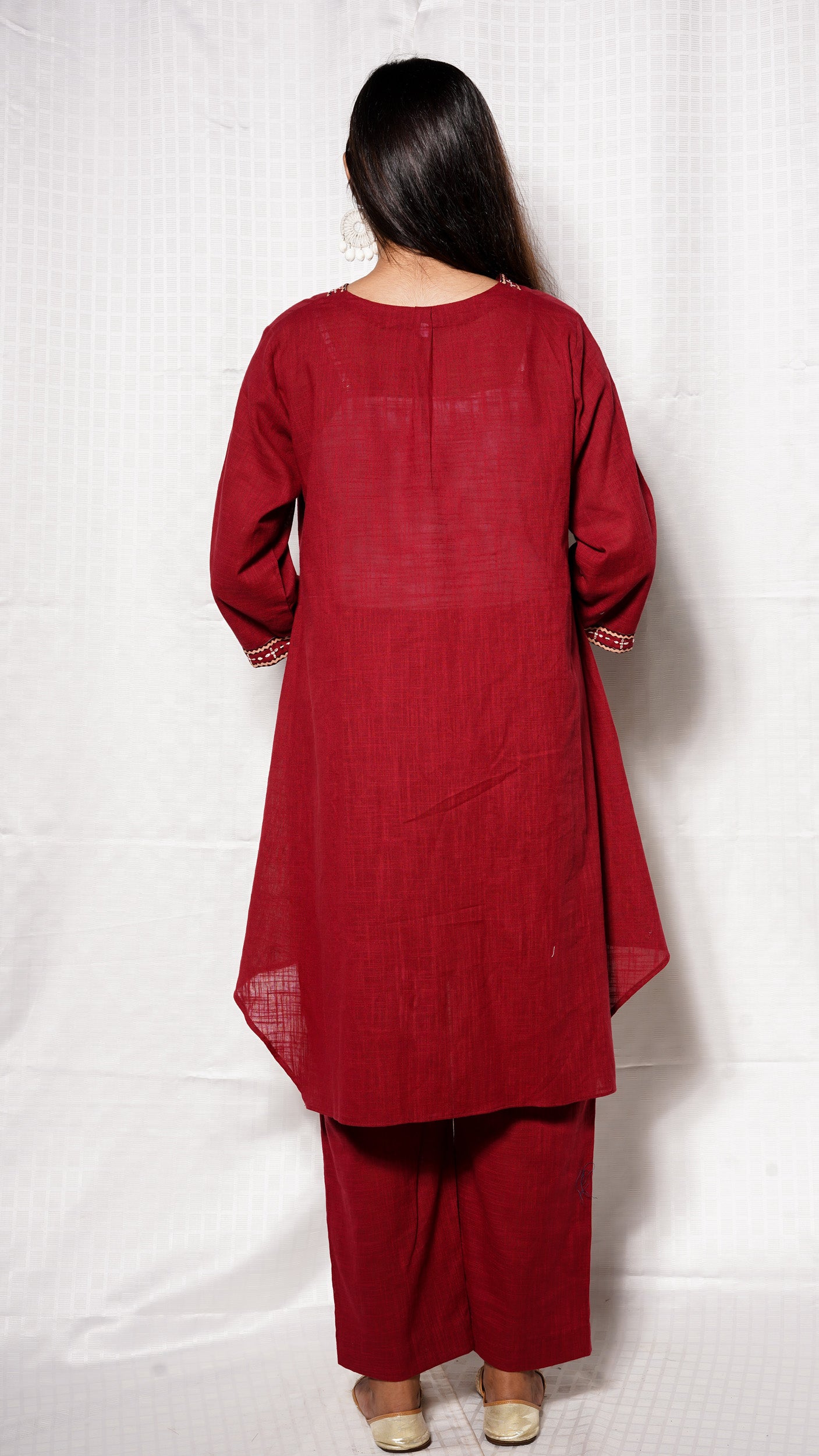 Red V neck Cotton slub ajrakh patch Cordset