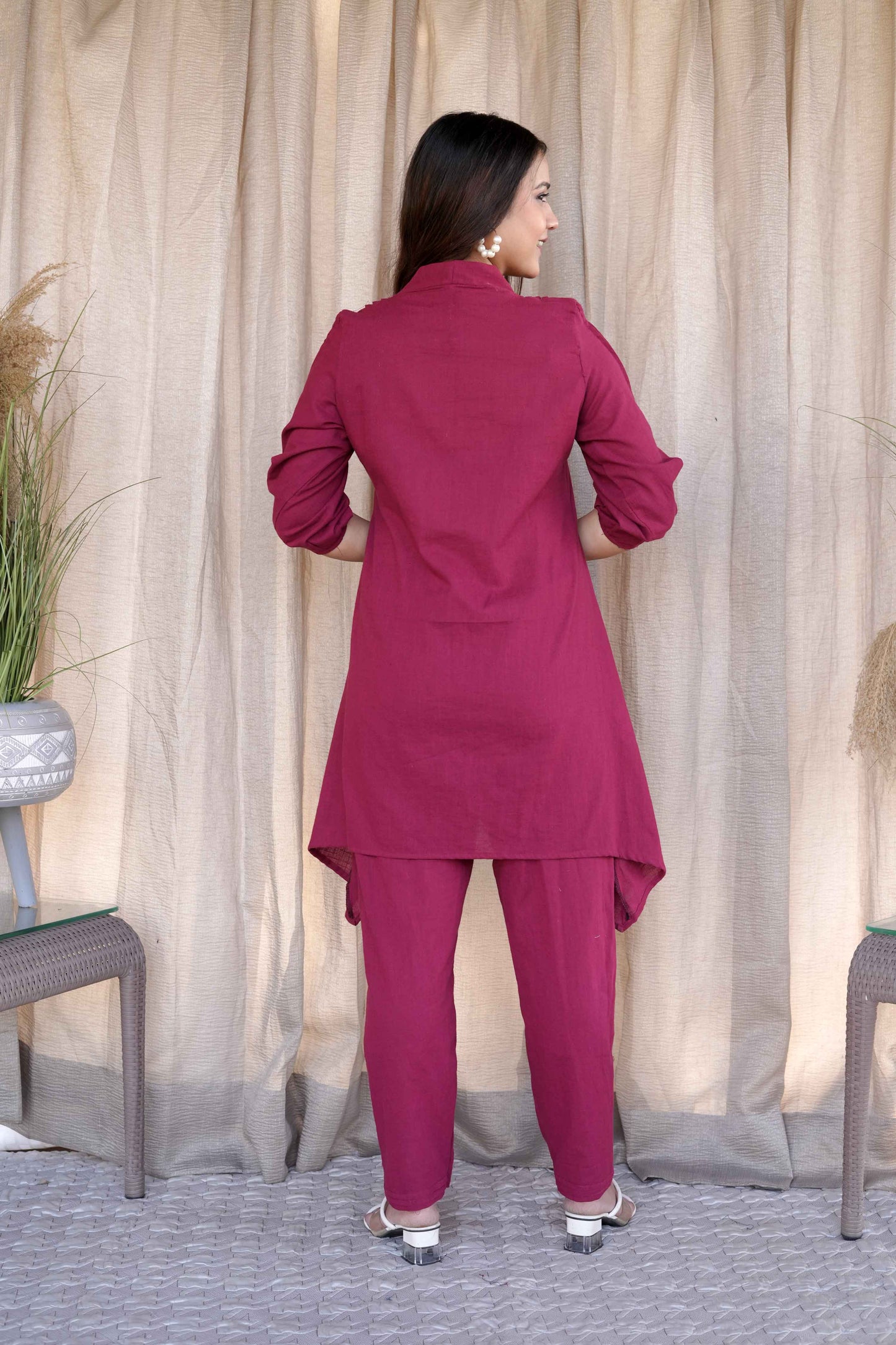 Maroon Cotton Slub Pleated Co-ord Set