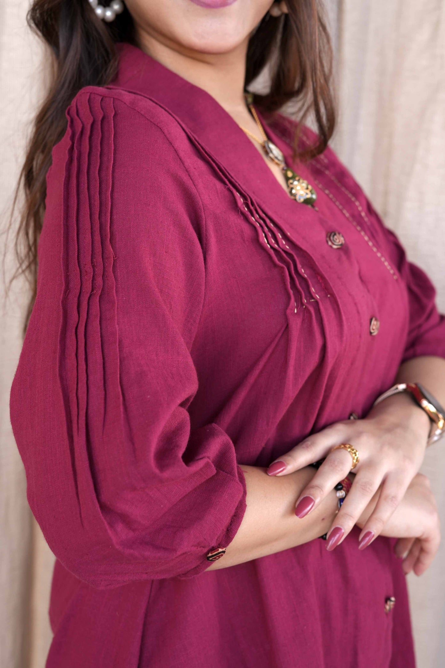 Maroon Cotton Slub Pleated Co-ord Set