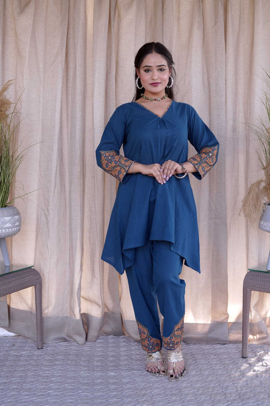 Blue Cotton Slub Ajrakh Patched Co-ord Set