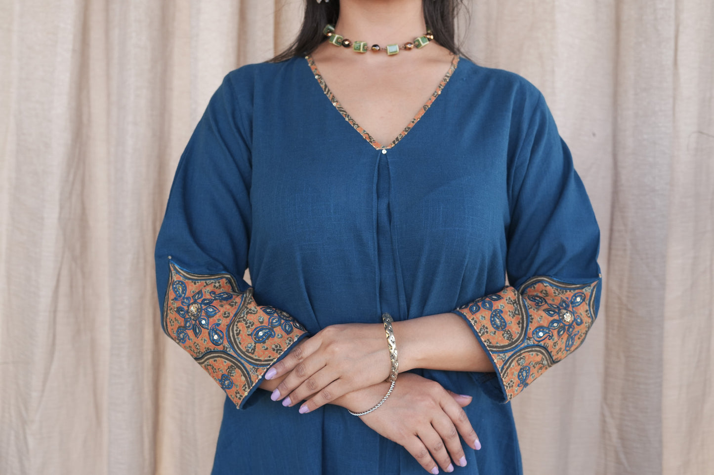 Blue Cotton Slub Ajrakh Patched Co-ord Set