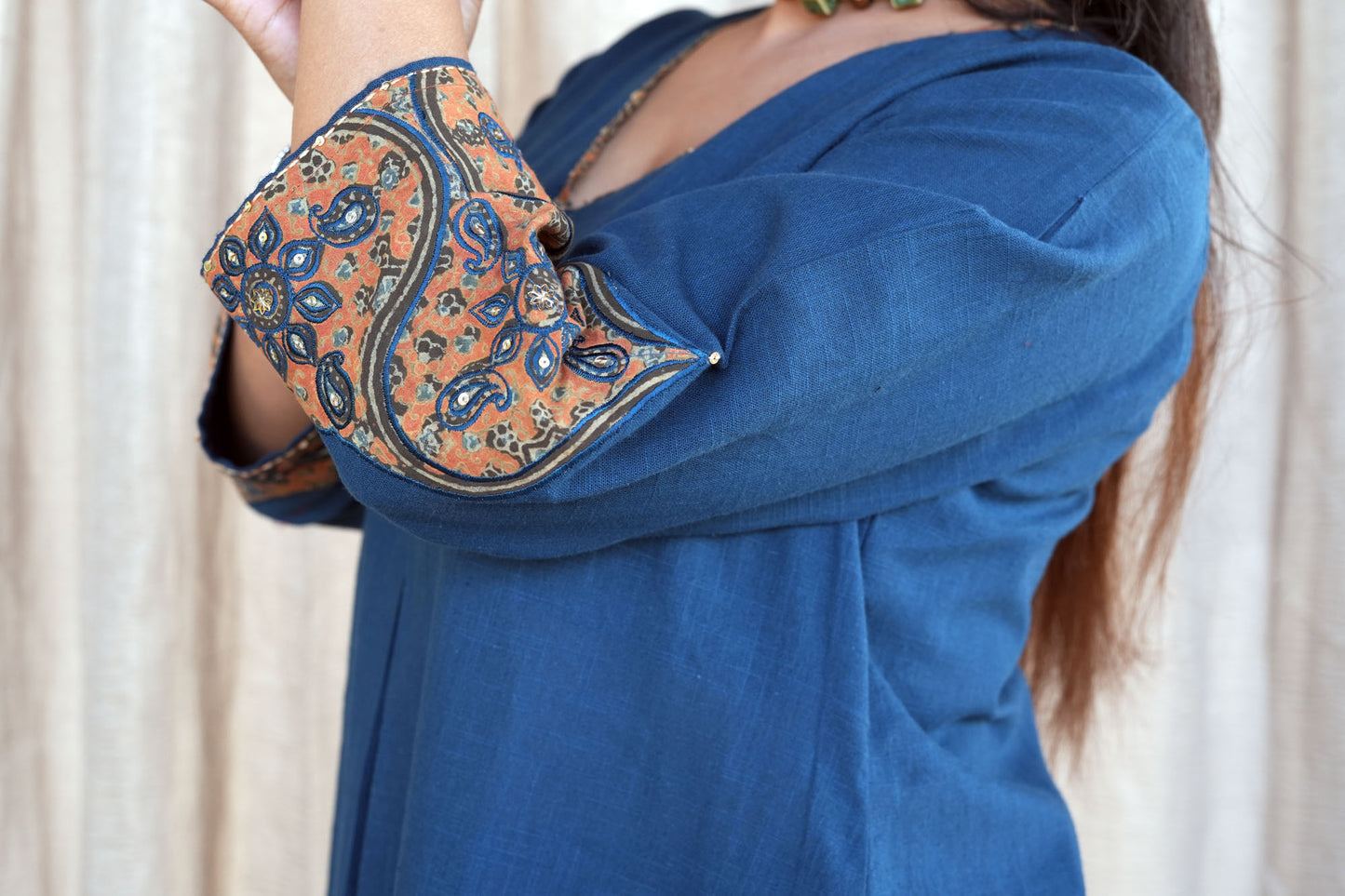 Blue Cotton Slub Ajrakh Patched Co-ord Set
