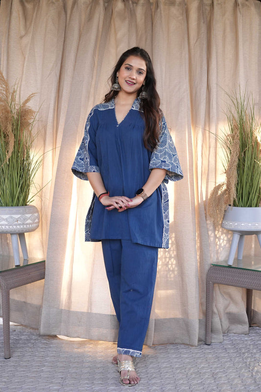 Blue Cotton Slub Kaftan Style Co-ord Set
