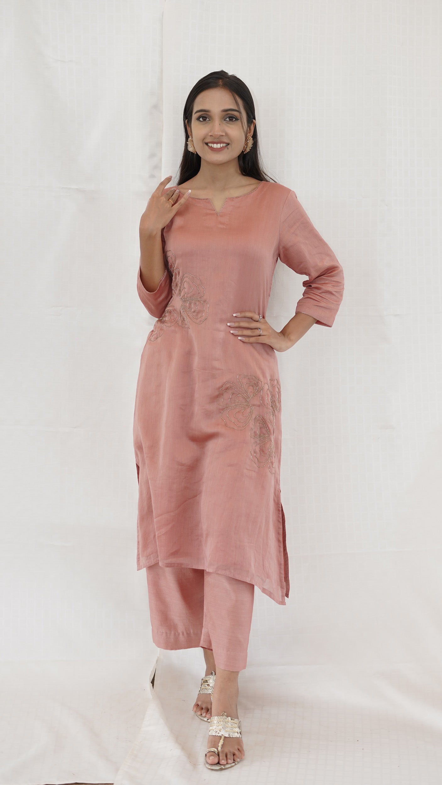 Pastel PEACH Chanderi hand embroidered Kurta pant
