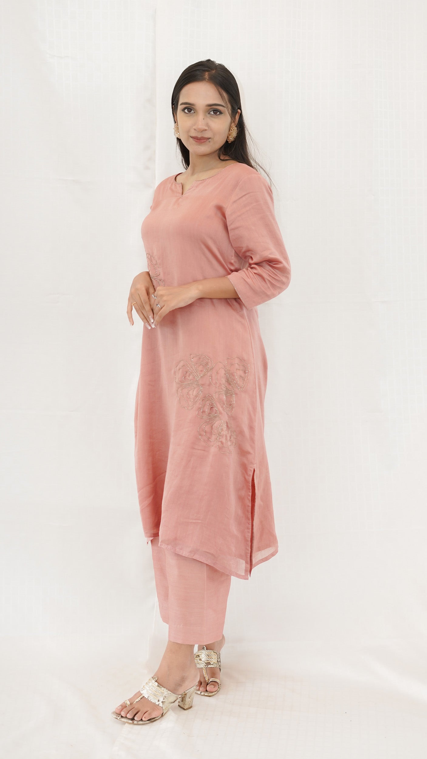 Pastel PEACH Chanderi hand embroidered Kurta pant