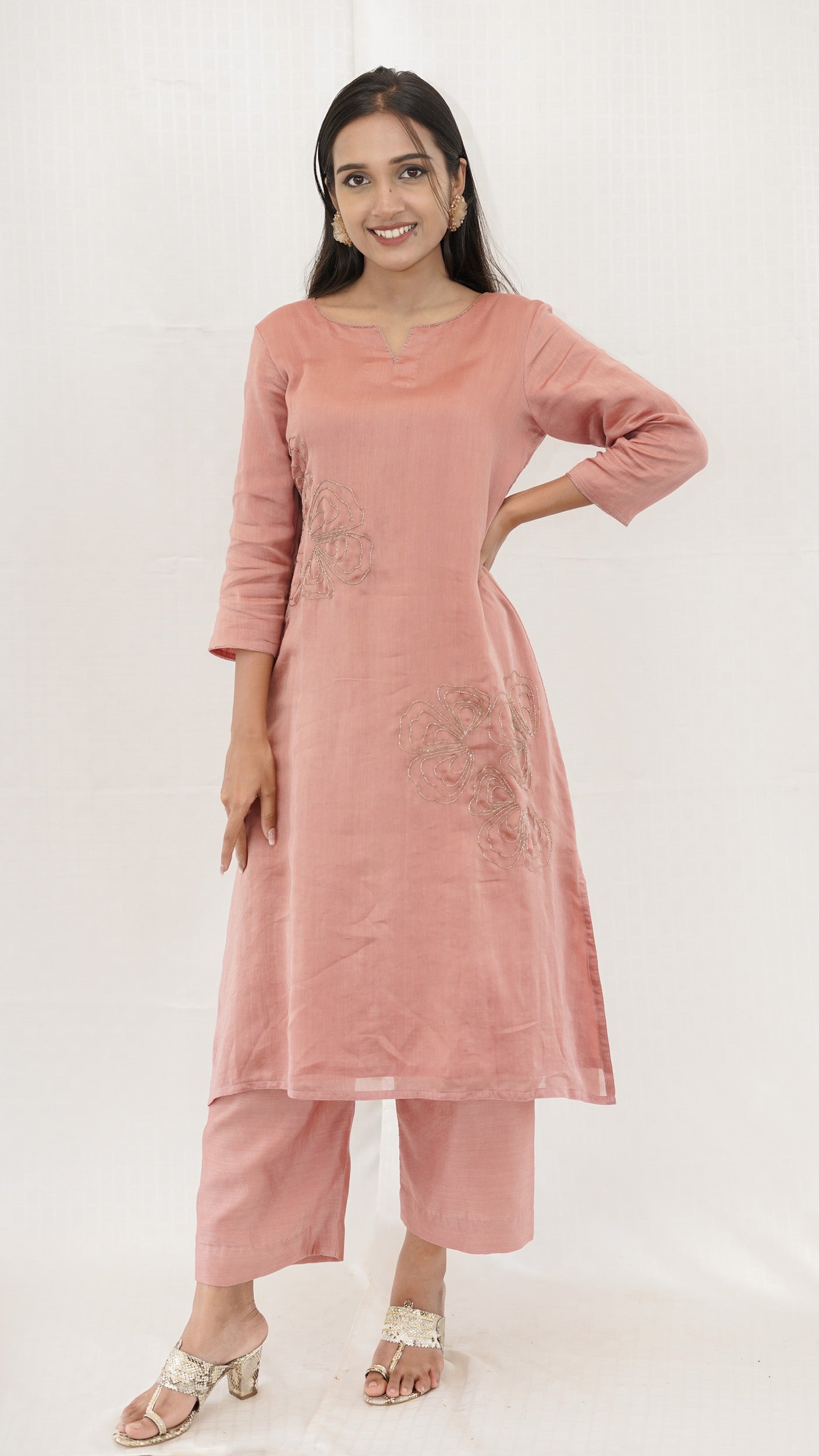 Pastel PEACH Chanderi hand embroidered Kurta pant