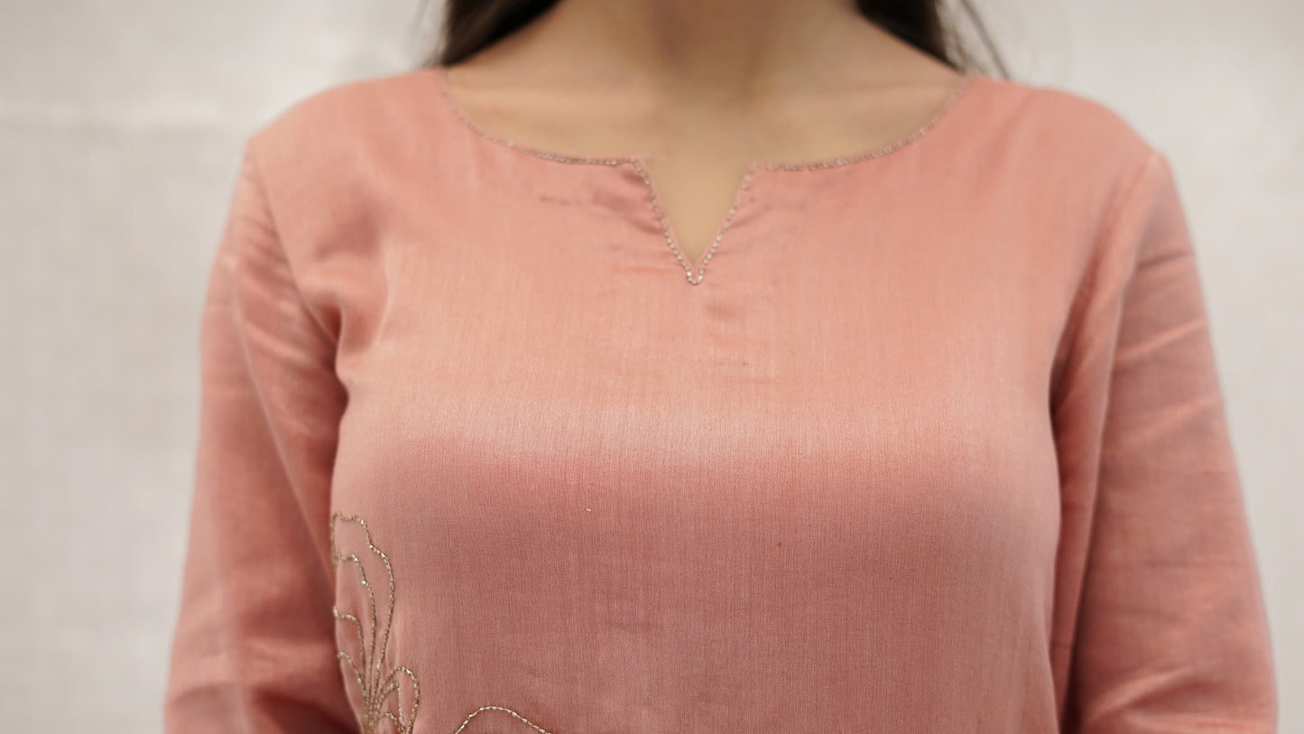 Pastel PEACH Chanderi hand embroidered Kurta pant