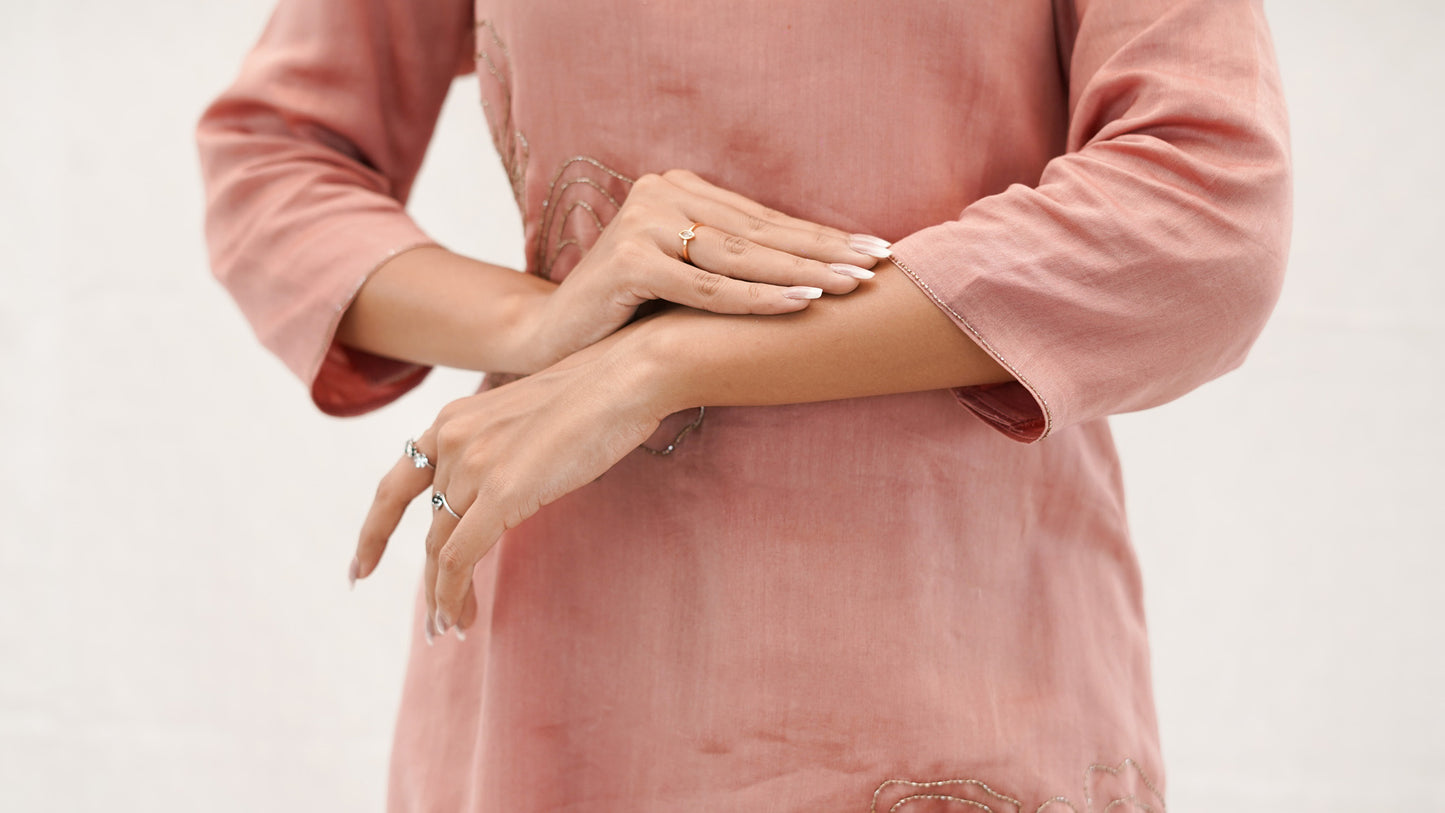 Pastel PEACH Chanderi hand embroidered Kurta pant