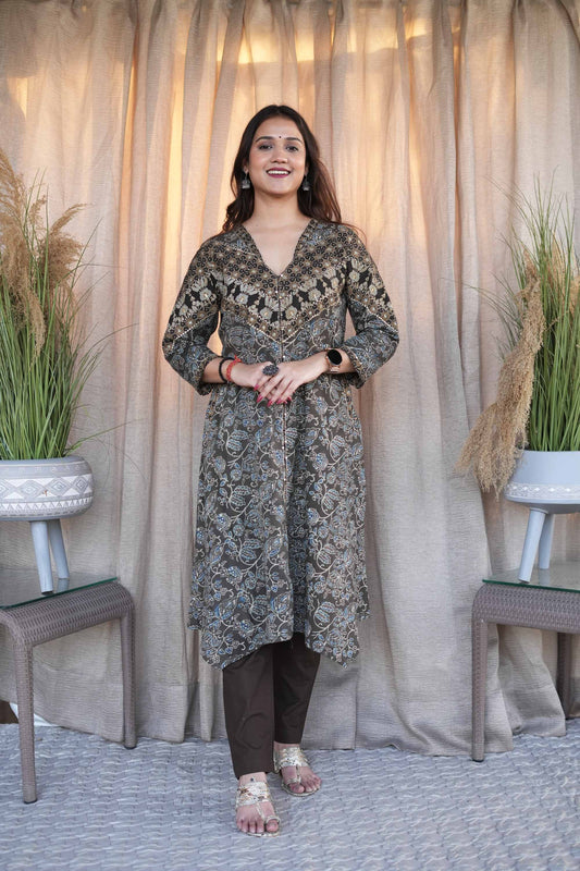 Brown And Grey Ajrakh Zari Embroiderd kurta Set-Set of 2