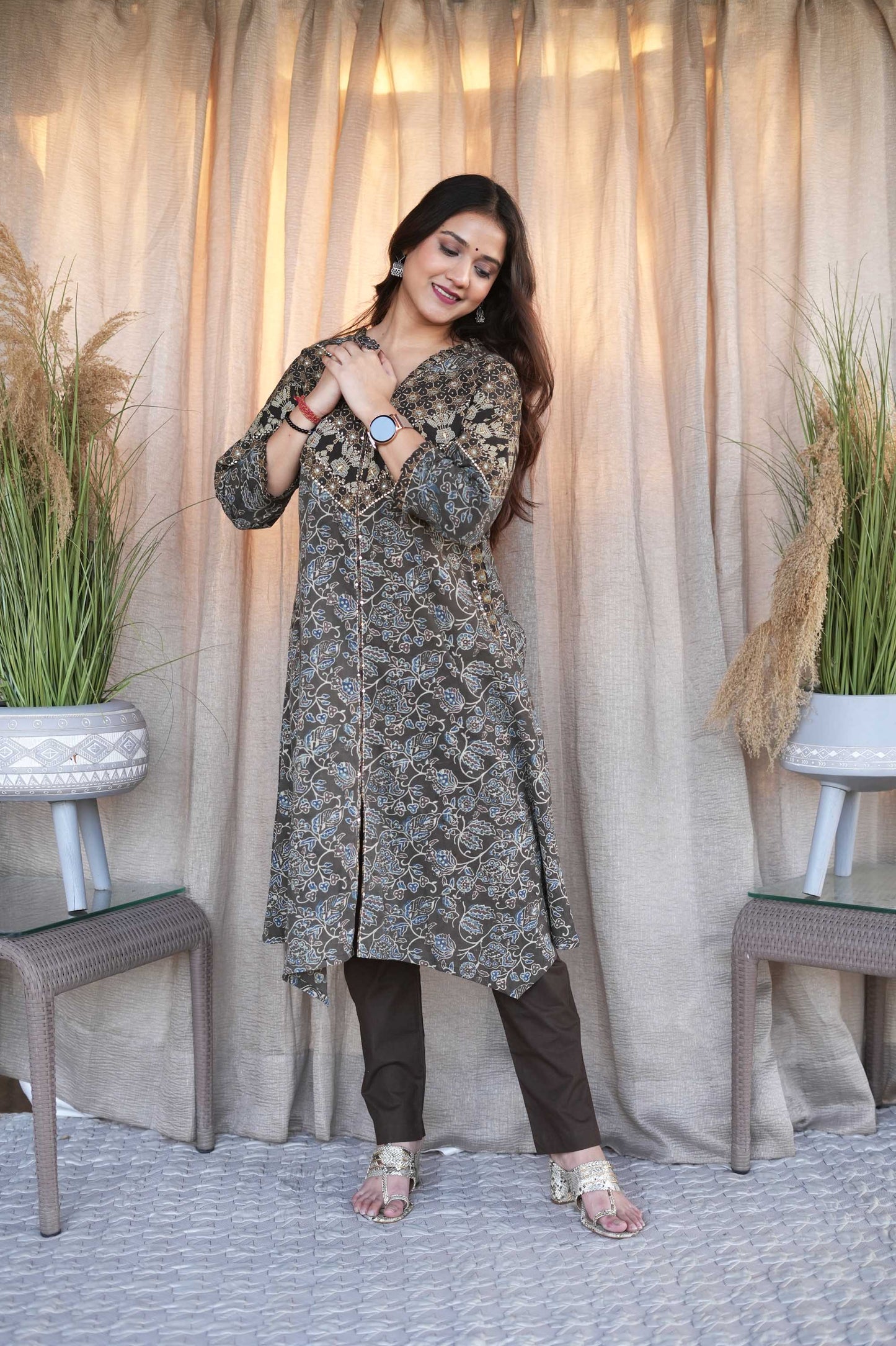 Brown And Grey Ajrakh Zari Embroiderd kurta Set-Set of 2