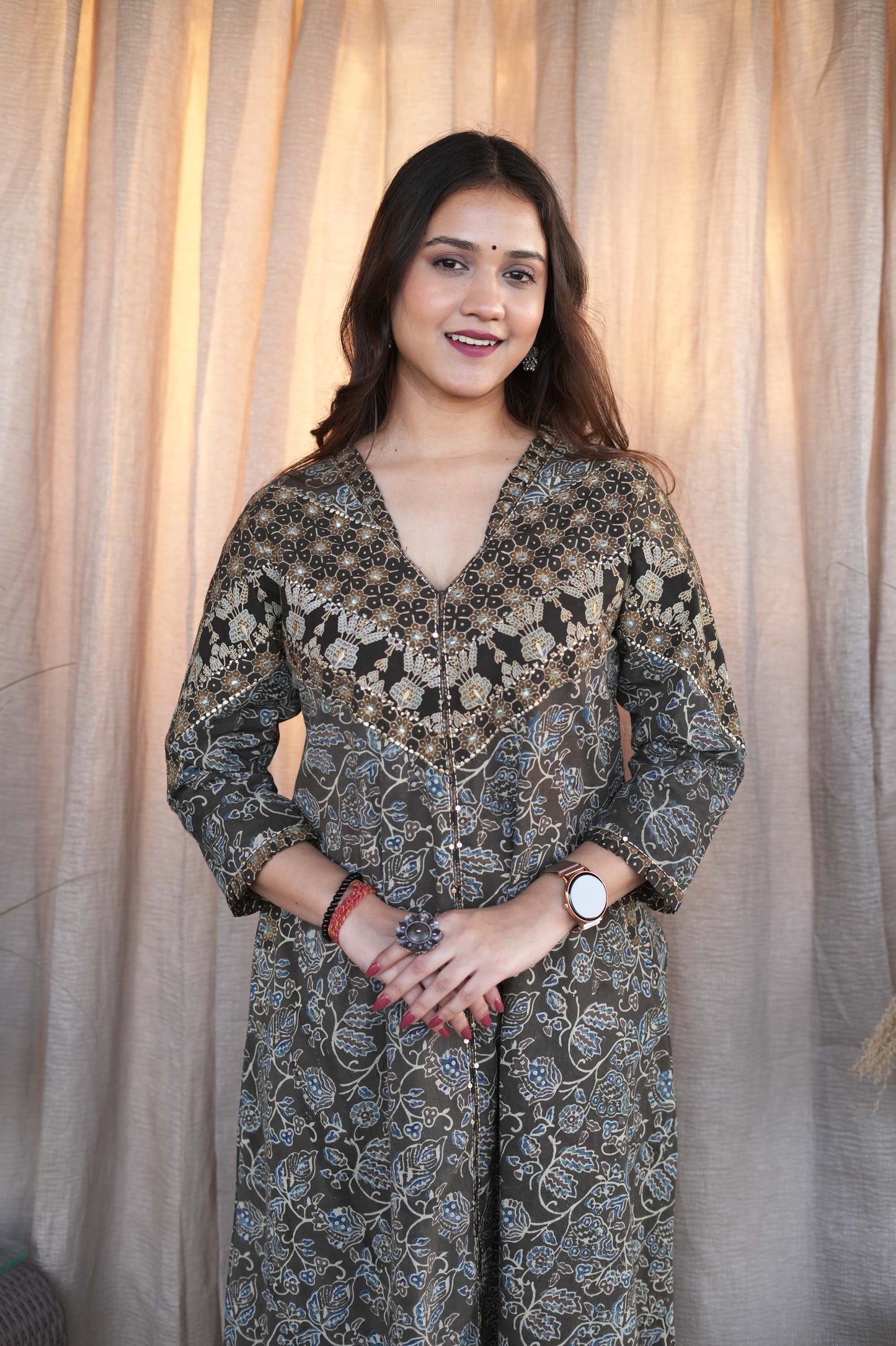 Brown And Grey Ajrakh Zari Embroiderd kurta Set-Set of 2