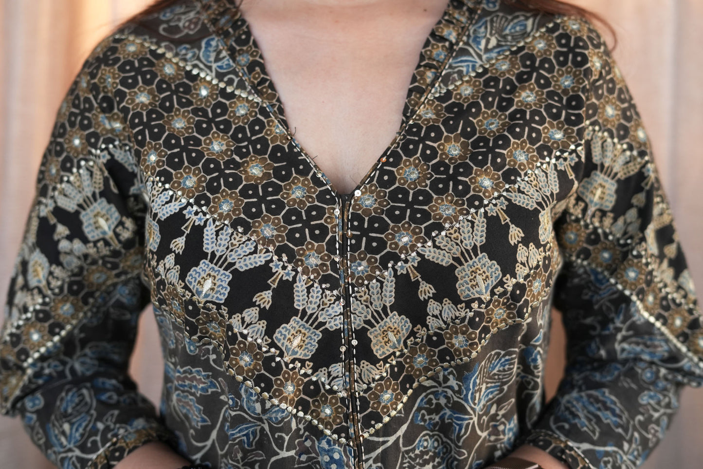 Brown And Grey Ajrakh Zari Embroiderd kurta Set-Set of 2