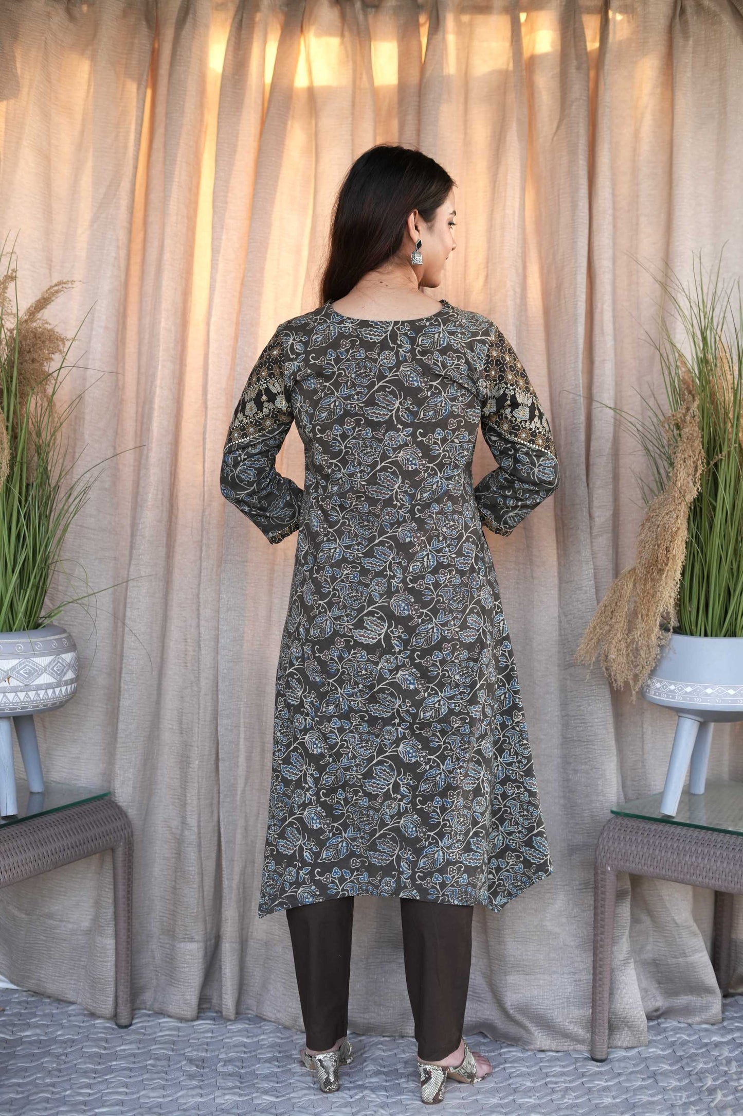 Brown And Grey Ajrakh Zari Embroiderd kurta Set-Set of 2