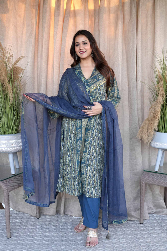 Green Ajrakh Cotton Silk Embroidered Suit Set-Set of 3