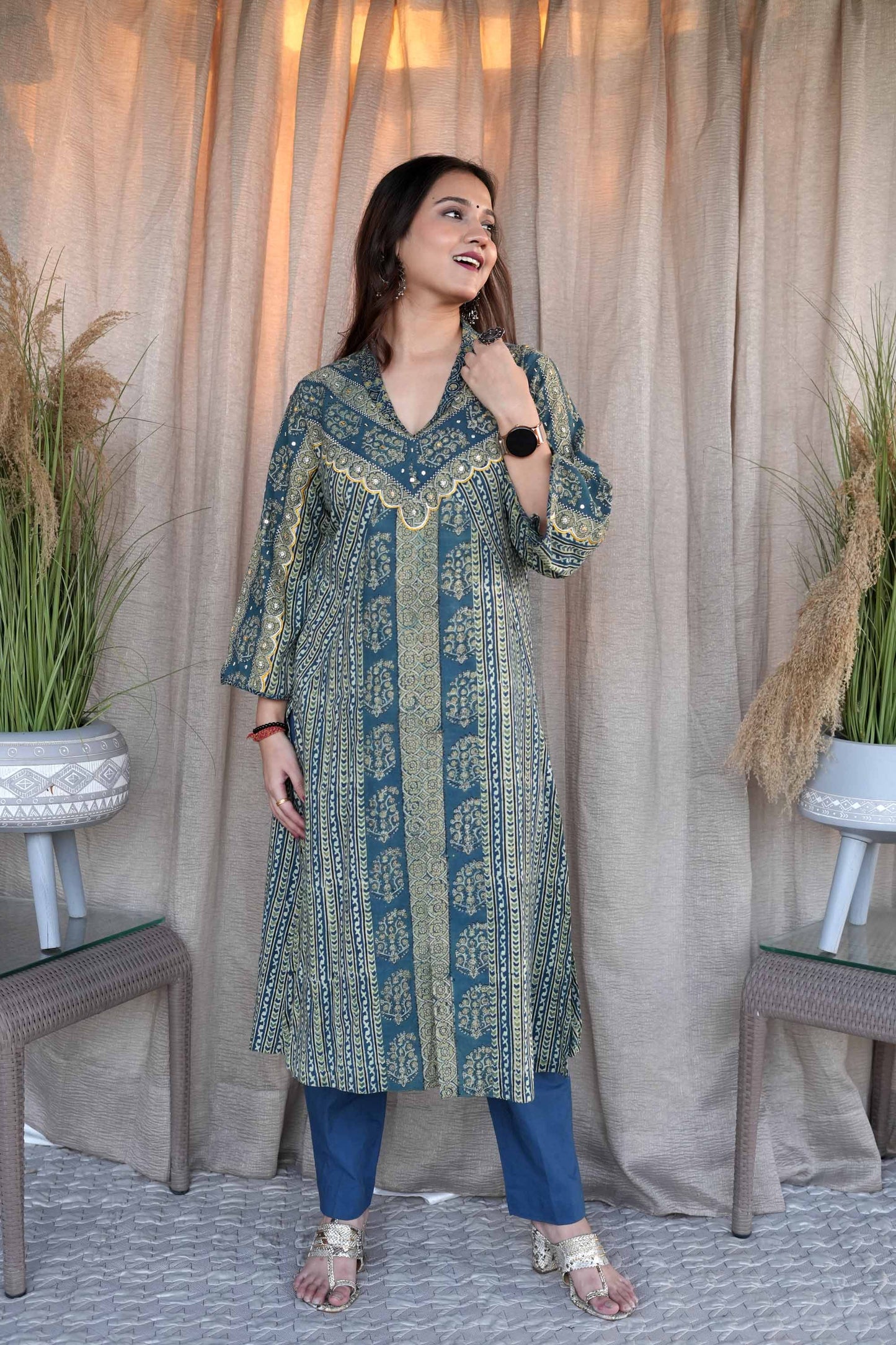 Green Ajrakh Cotton Silk Embroidered Suit Set-Set of 3